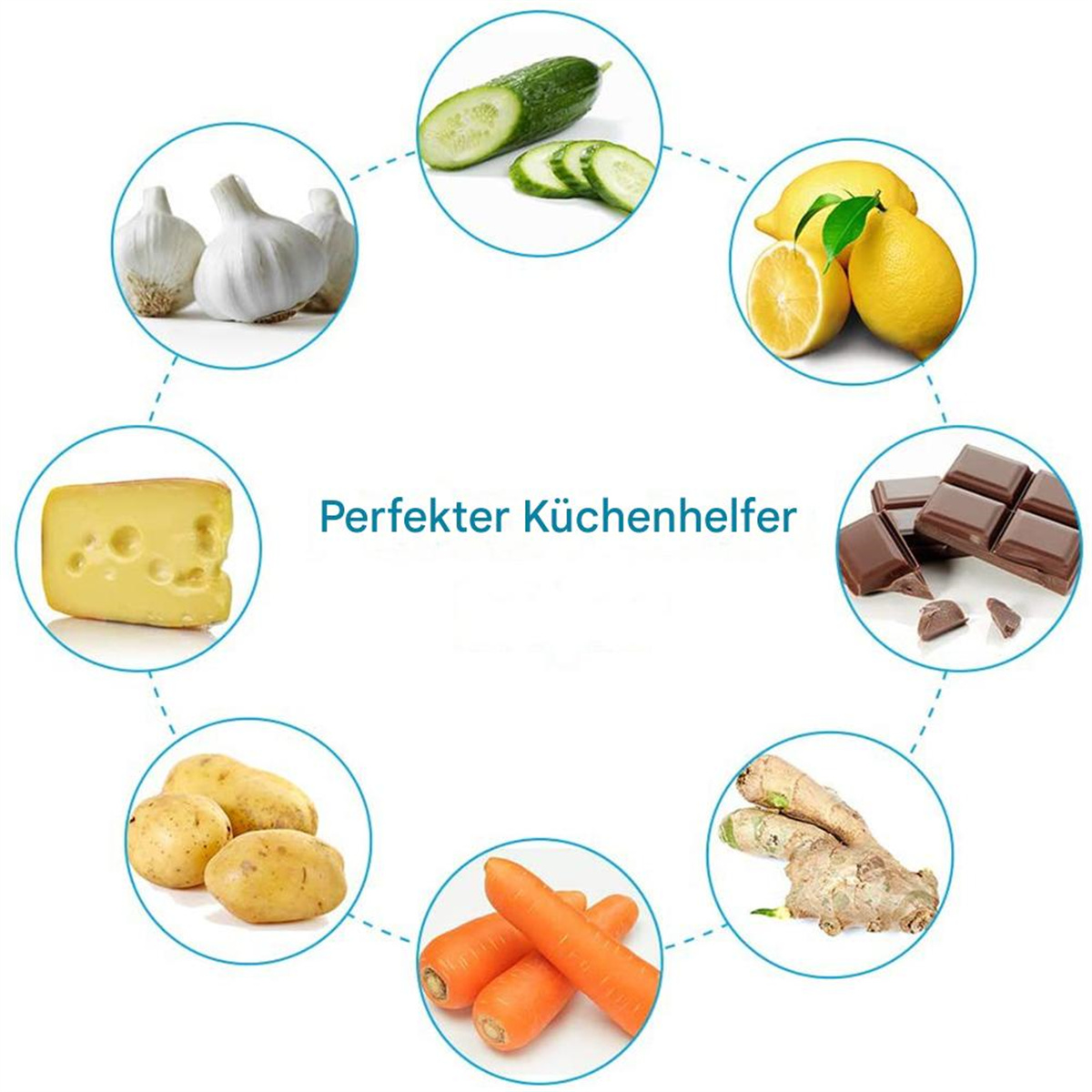 Anordnung von Gemüse und Obst, mit Käse und Schokolade. Alle Artikel sind kreisförmig angeordnet.