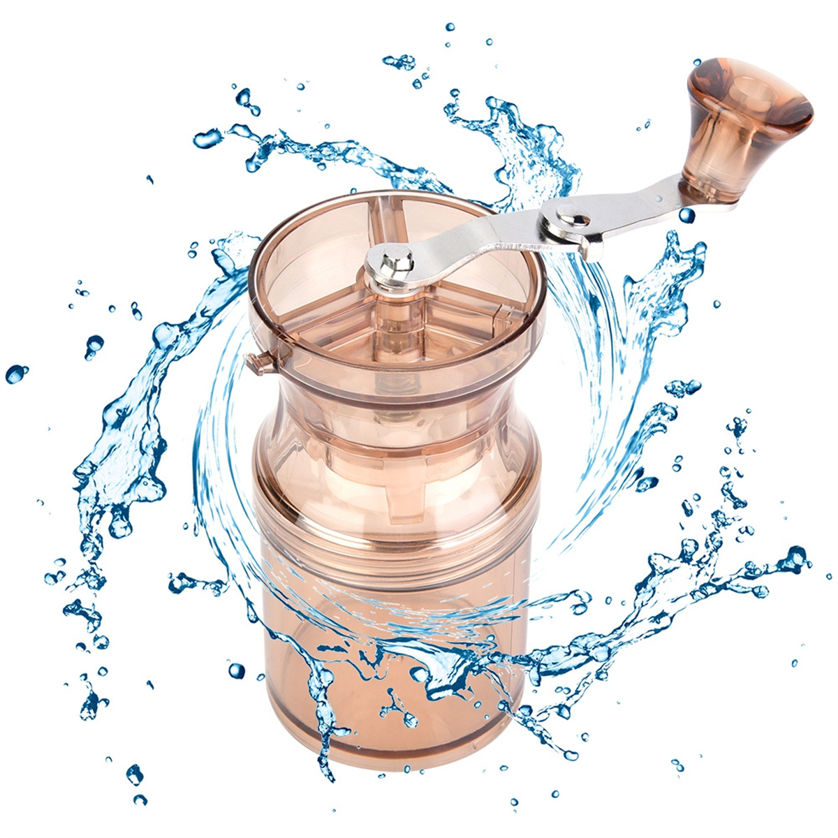 Eine transparente Kaffeemühle mit Wasserspritzern drumherum.