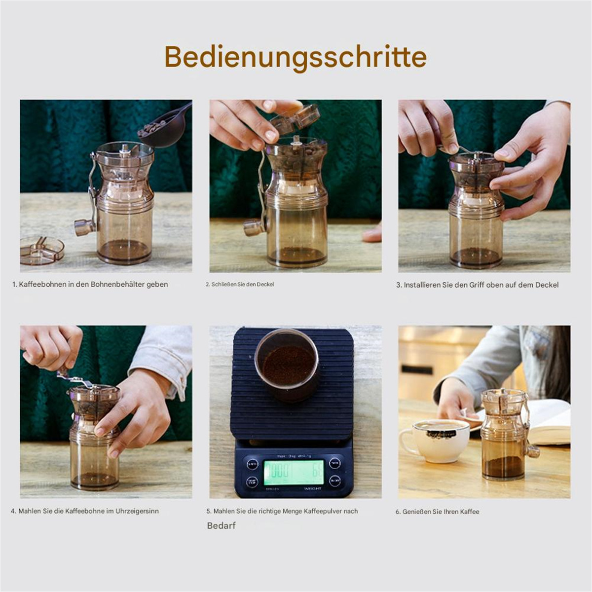 Bilder, die Schritte zur Verwendung einer Kaffeemühle zeigen, mit Text auf Deutsch.
