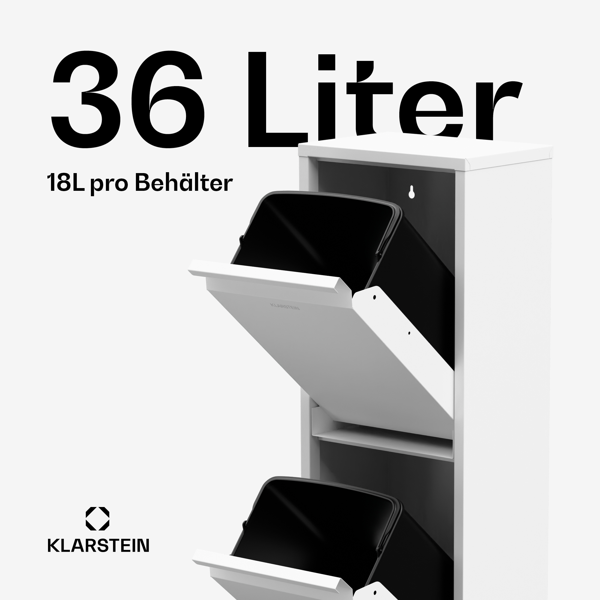 Bidone della spazzatura bianco con due bidoni neri con il testo 36 Litri e il logo Klarstein.