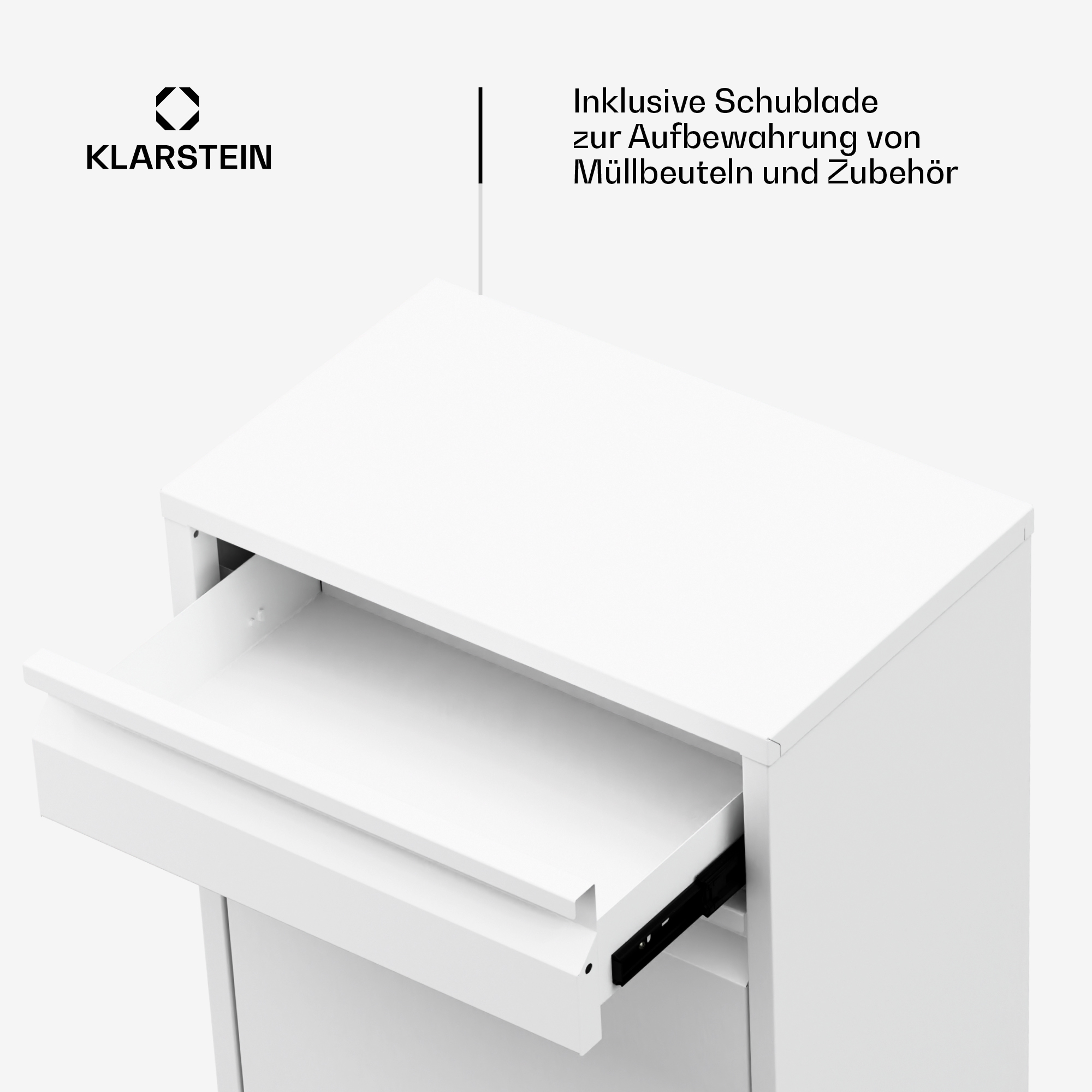 Mobile bianco con cassetto aperto. Il testo dice 'Inklusive Schublade zur Aufbewahrung von...'.