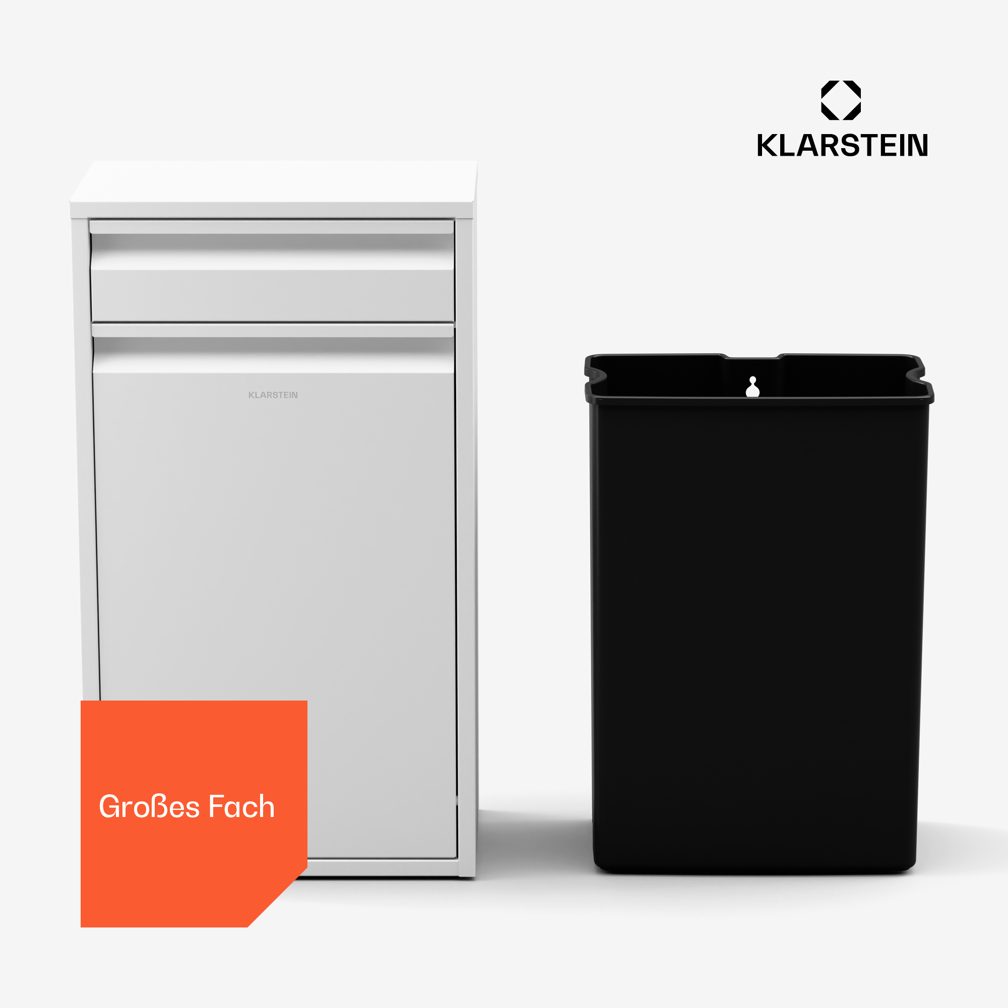 Set di bidoni della spazzatura Klarstein bianchi e neri. Mobile bianco con cassetto e un bidone nero.