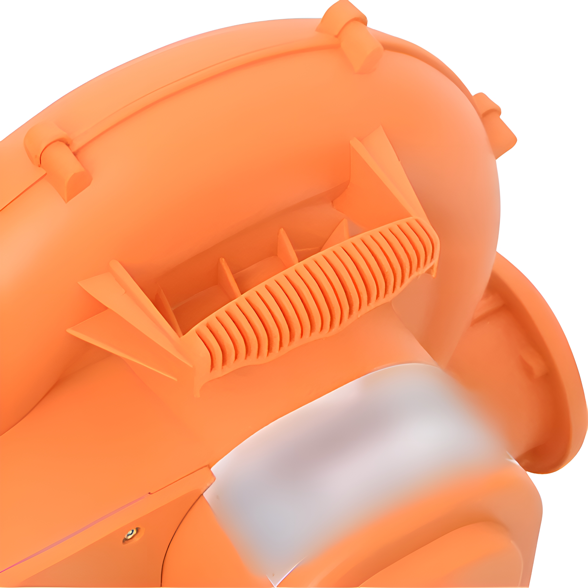 Orangener Luftgebläse mit Griff, Teil einer größeren Maschine, isoliert.