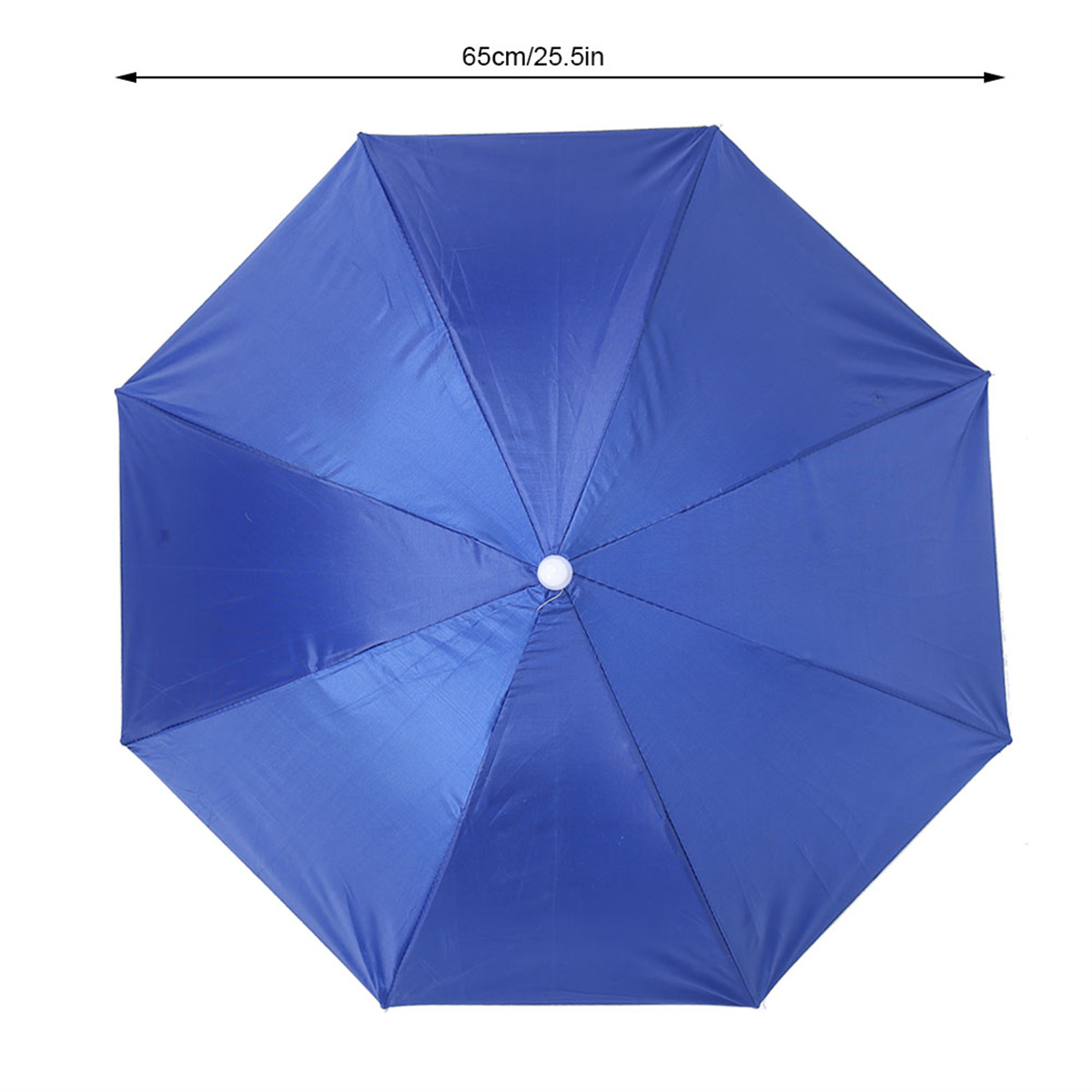 Blauer Regenschirm von oben, geöffnet, zeigt seine innere Struktur. Ein Messpfeil zeigt den Durchmesser an.