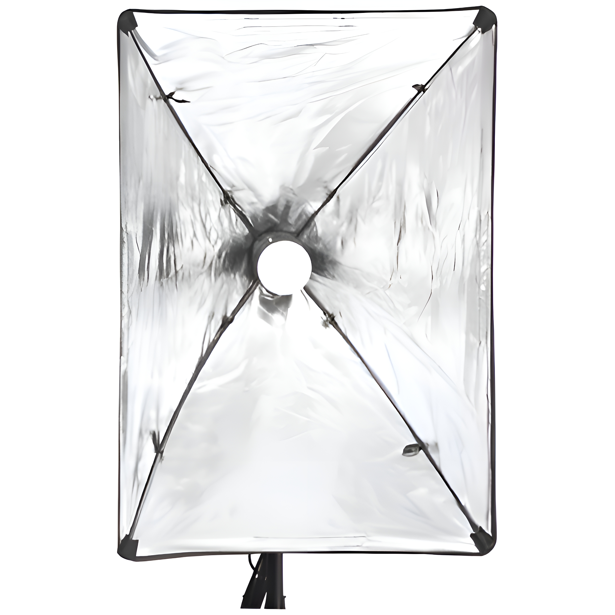 Rechteckige Softbox mit reflektierendem Innenraum. Schwarzer Rahmen und Stativ.