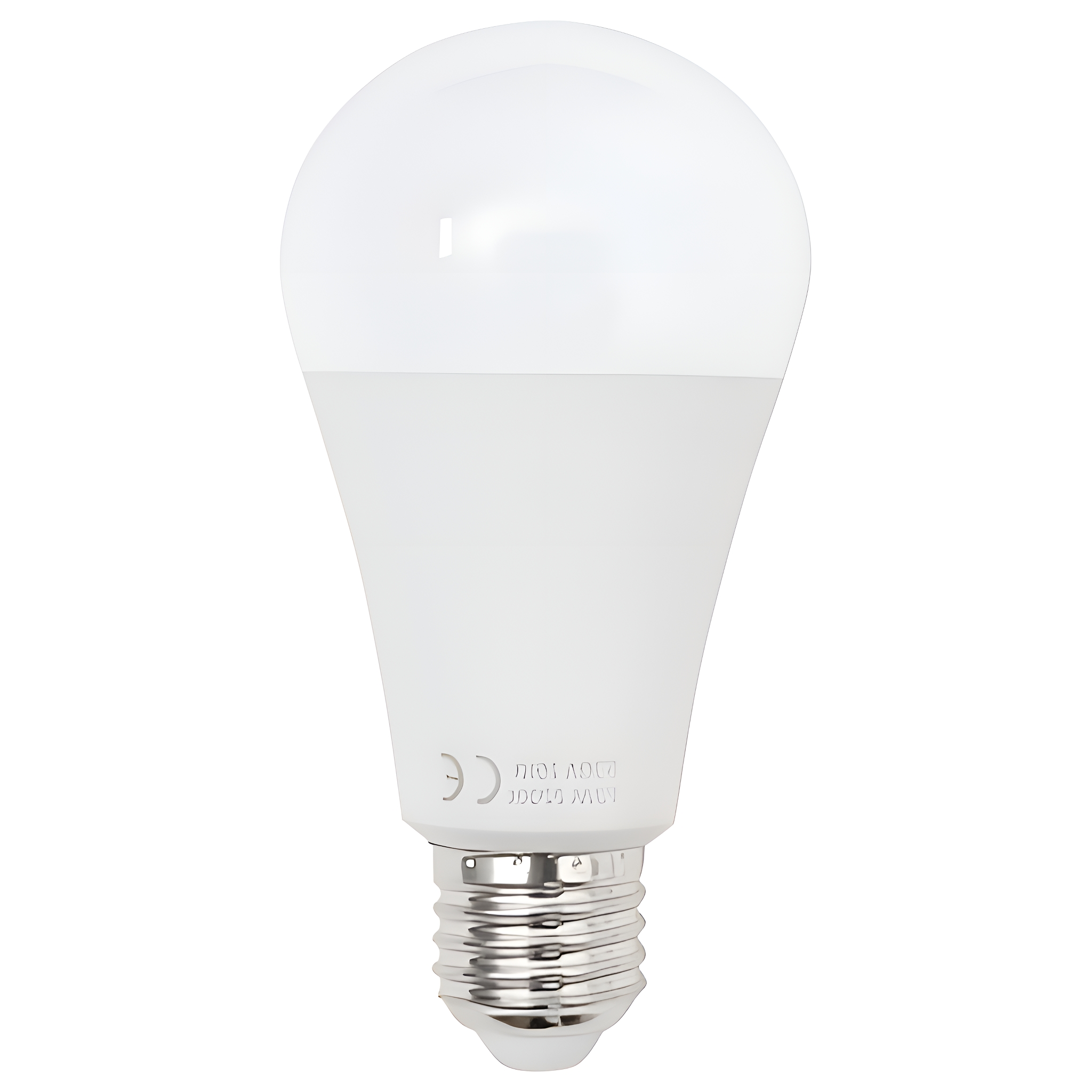 Eine weiße LED-Glühbirne mit silbernem Sockel, isoliert auf Weiß.