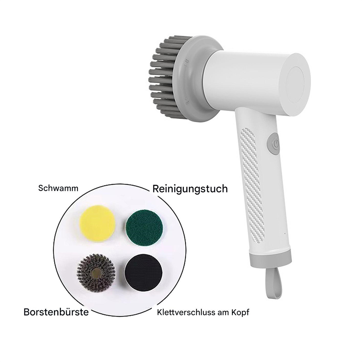 Weiß-graue elektrische Reinigungsbürste mit austauschbaren Pads. Vier Pads mit unterschiedlichen Texturen.