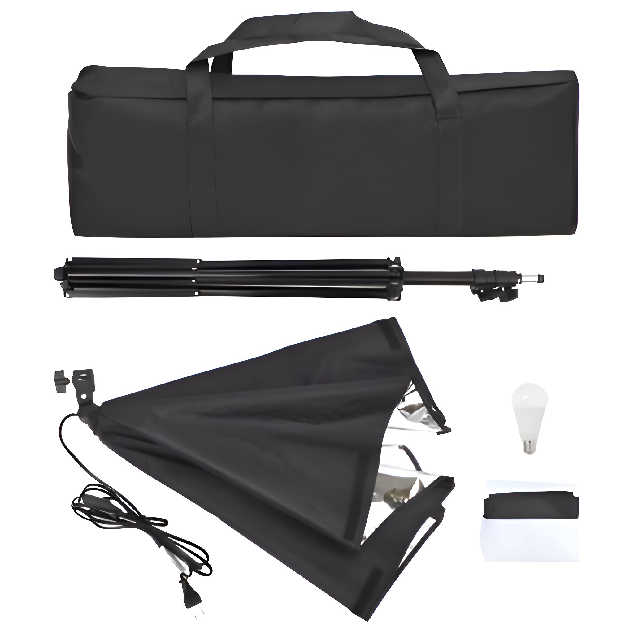 Foto-Beleuchtungsset mit schwarzer Tasche, Stativ, Licht und Glühbirne. Alles schwarz.