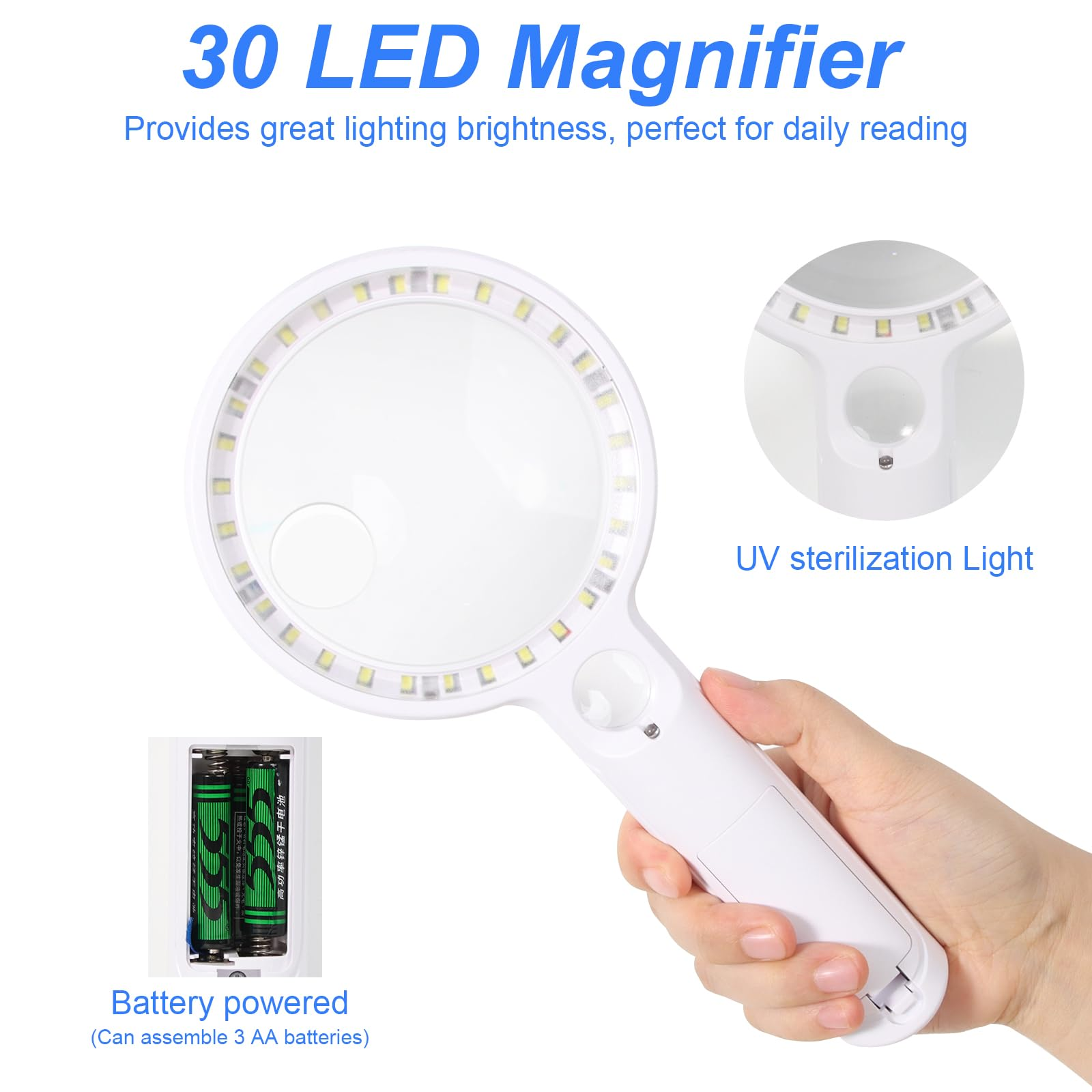 Weiße Lupe mit LED-Leuchten und eine Hand, die sie hält.