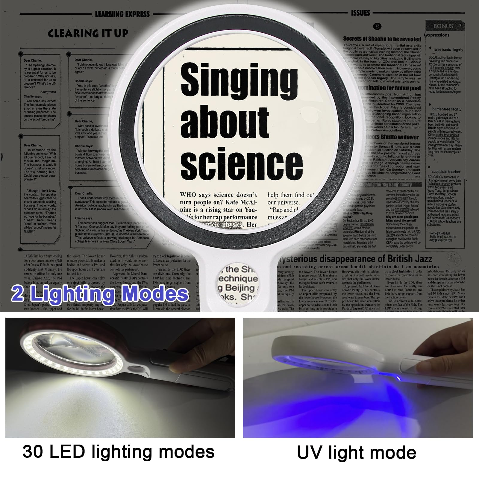 Lupe mit Text und 30 LED-Beleuchtungsmodi und UV-Lichtmodus. Weißer Griff, schwarzer Rahmen.