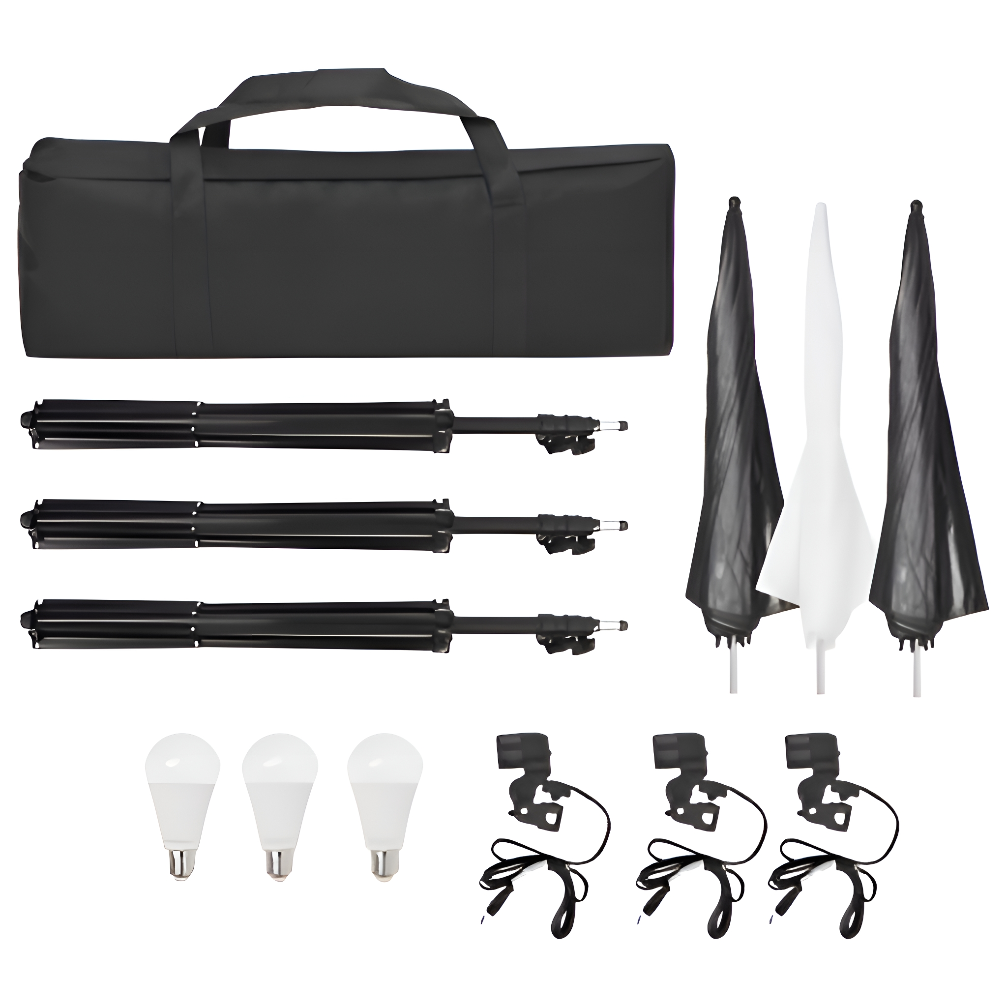 Fotoausrüstung: schwarze Tasche, Stative, Schirme und Lichter.