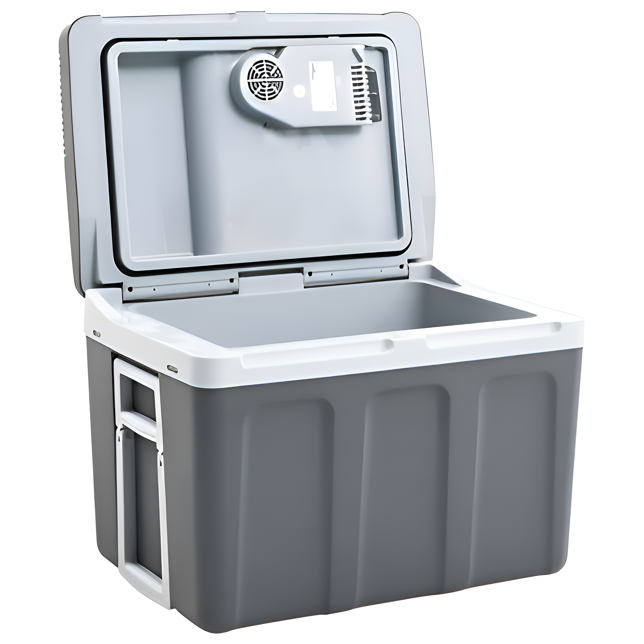 Grauer tragbarer Kühlschrank, offen. Der Innenraum ist grau. Der Deckel ist geöffnet. Die Maschine ist auf weißem Hintergrund.
