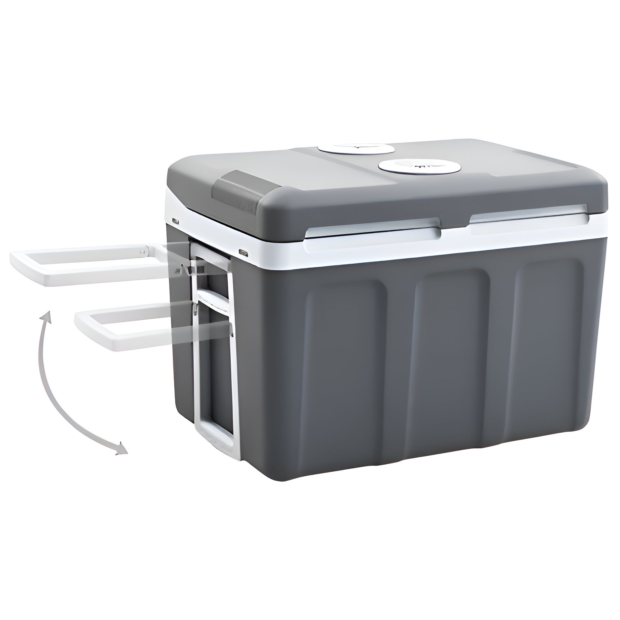 Eine graue Kühlbox mit weißem Griff. Verfügt über einen Deckel mit zwei weißen Kreisen und klappbaren Griffen. Weißer Hintergrund.