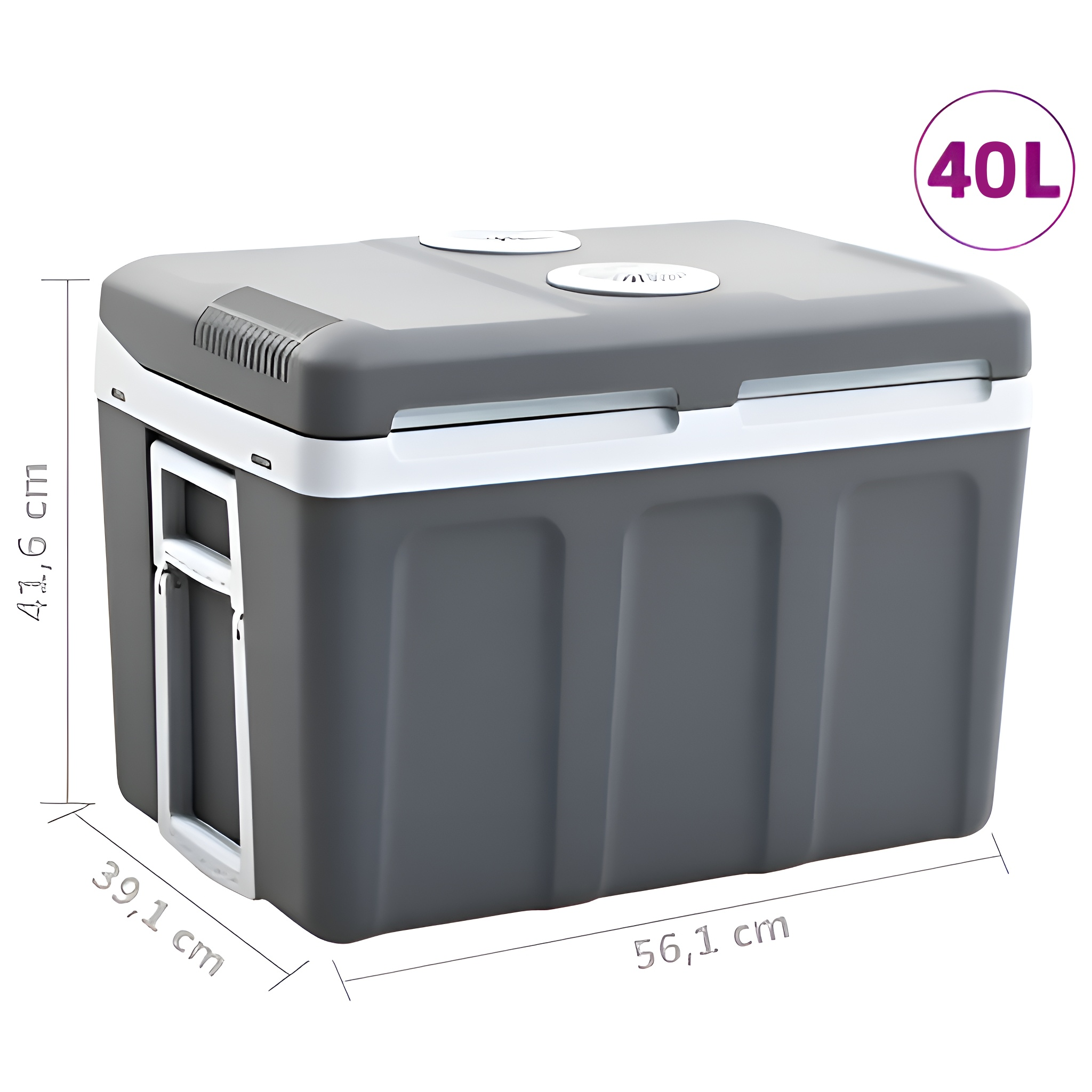 Graue Kühlbox mit weißen Akzenten und Maßen: 56,1 cm lang, 39,1 cm breit, 41,6 cm hoch.