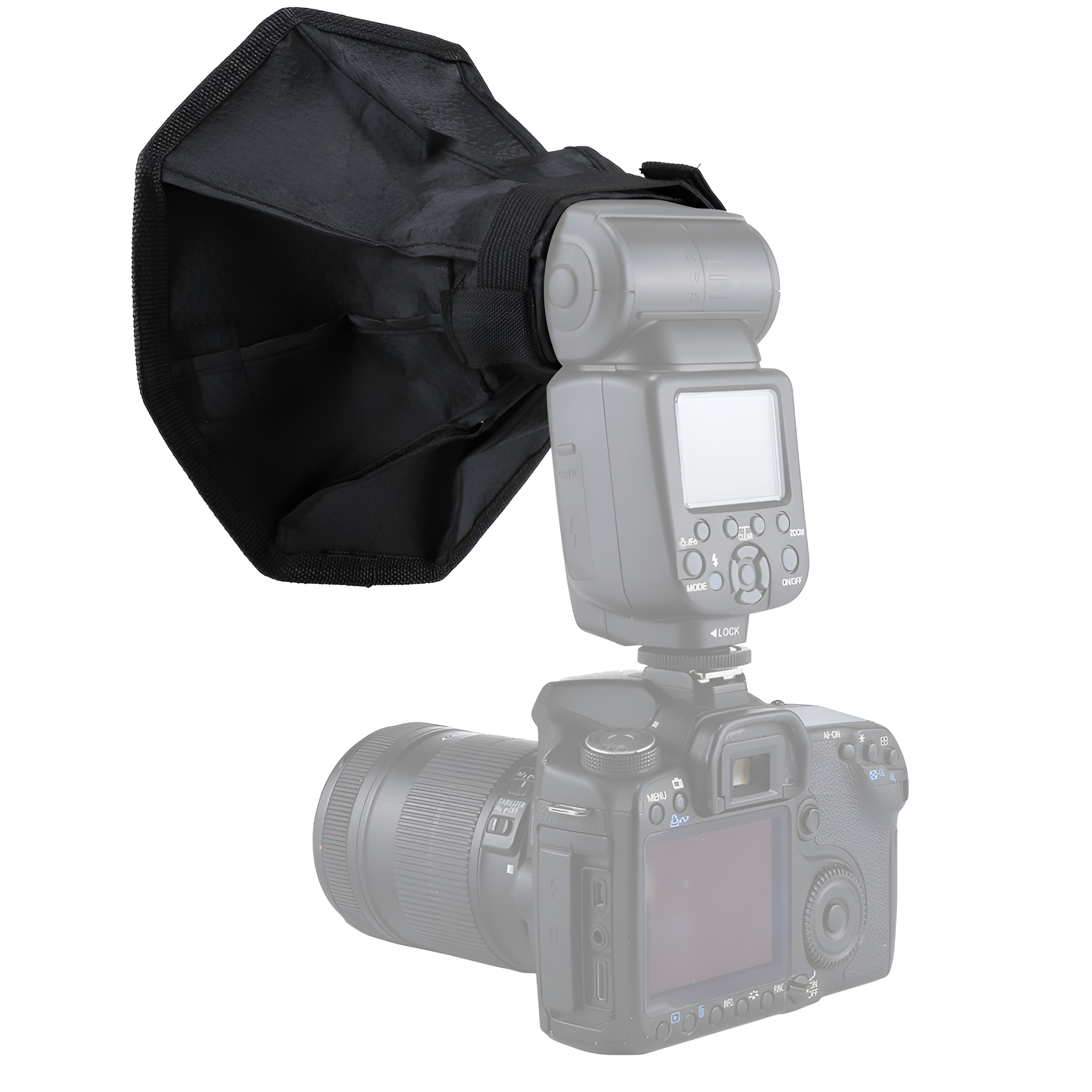 Schwarzer Blitz mit schwarzem Diffusor auf einer DSLR-Kamera.