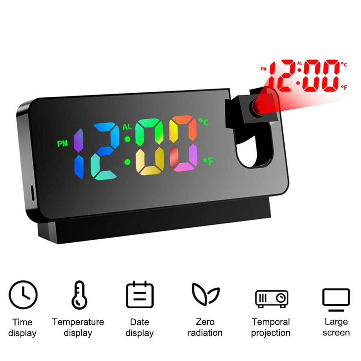 Schwarzer digitaler Wecker. Er projiziert die Zeit in Rot. Unter der Uhr befinden sich Symbole.