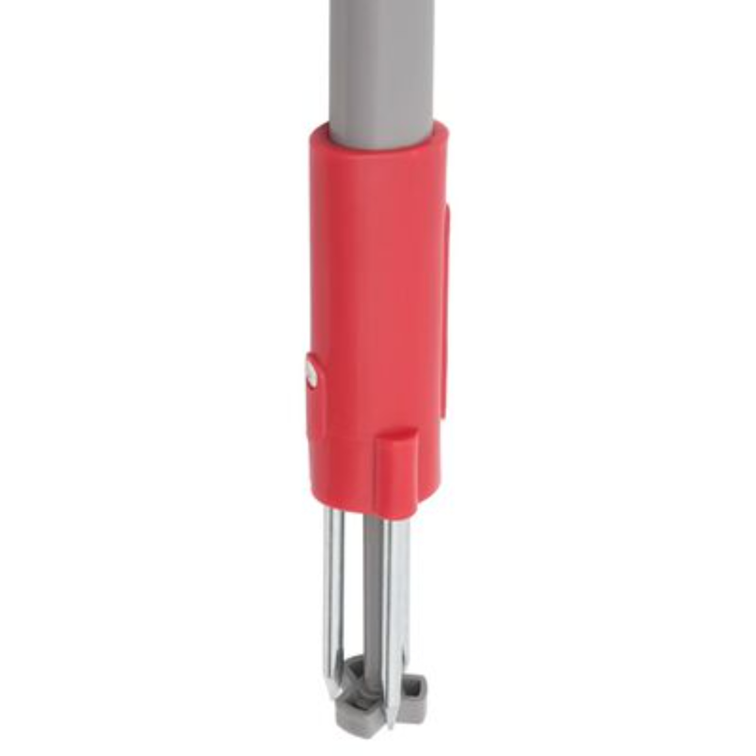 Roter und grauer Reinigungsmoppaufsatz mit Metallteilen. Der Mopp steht aufrecht.