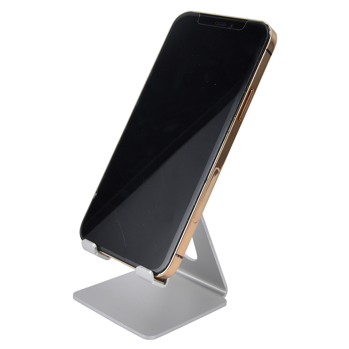 Ein Smartphone auf einem silbernen Telefonständer. Das Telefon hat einen schwarzen Bildschirm und einen goldenen Rahmen.