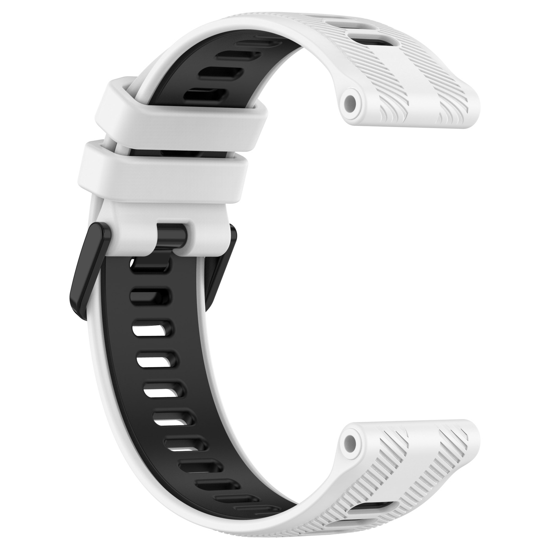 Uhrenarmband: Weißes Äußeres mit schwarzem Innendesign, zeigt eine Schnalle.