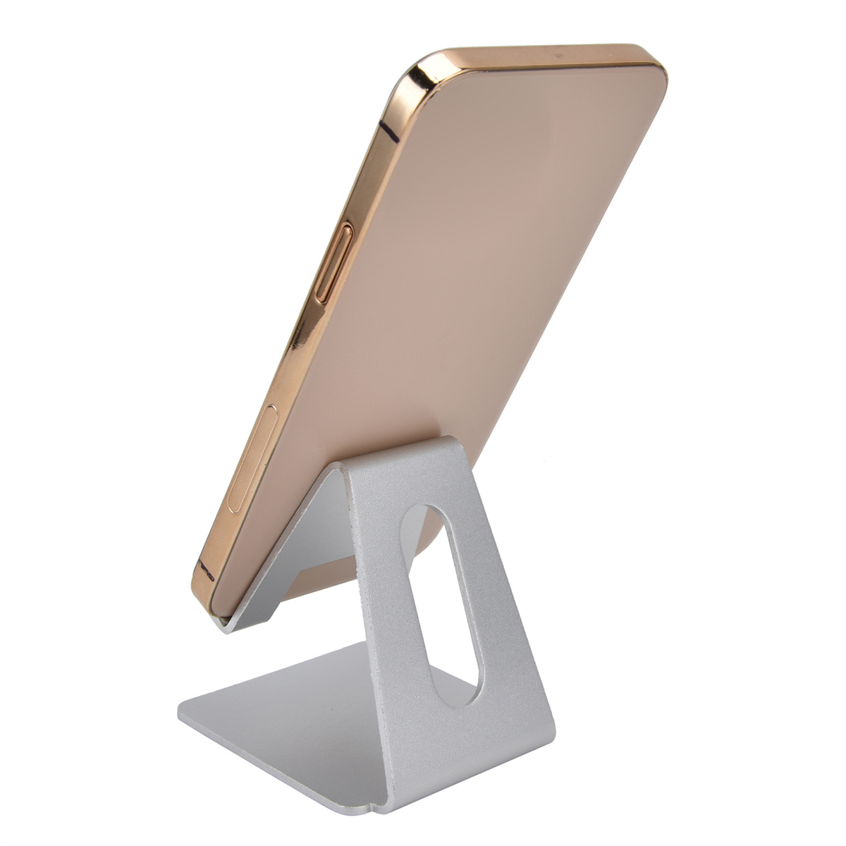 Silberner Telefonständer, der ein goldenes Telefon hält. Das Telefon ist nach oben abgewinkelt.