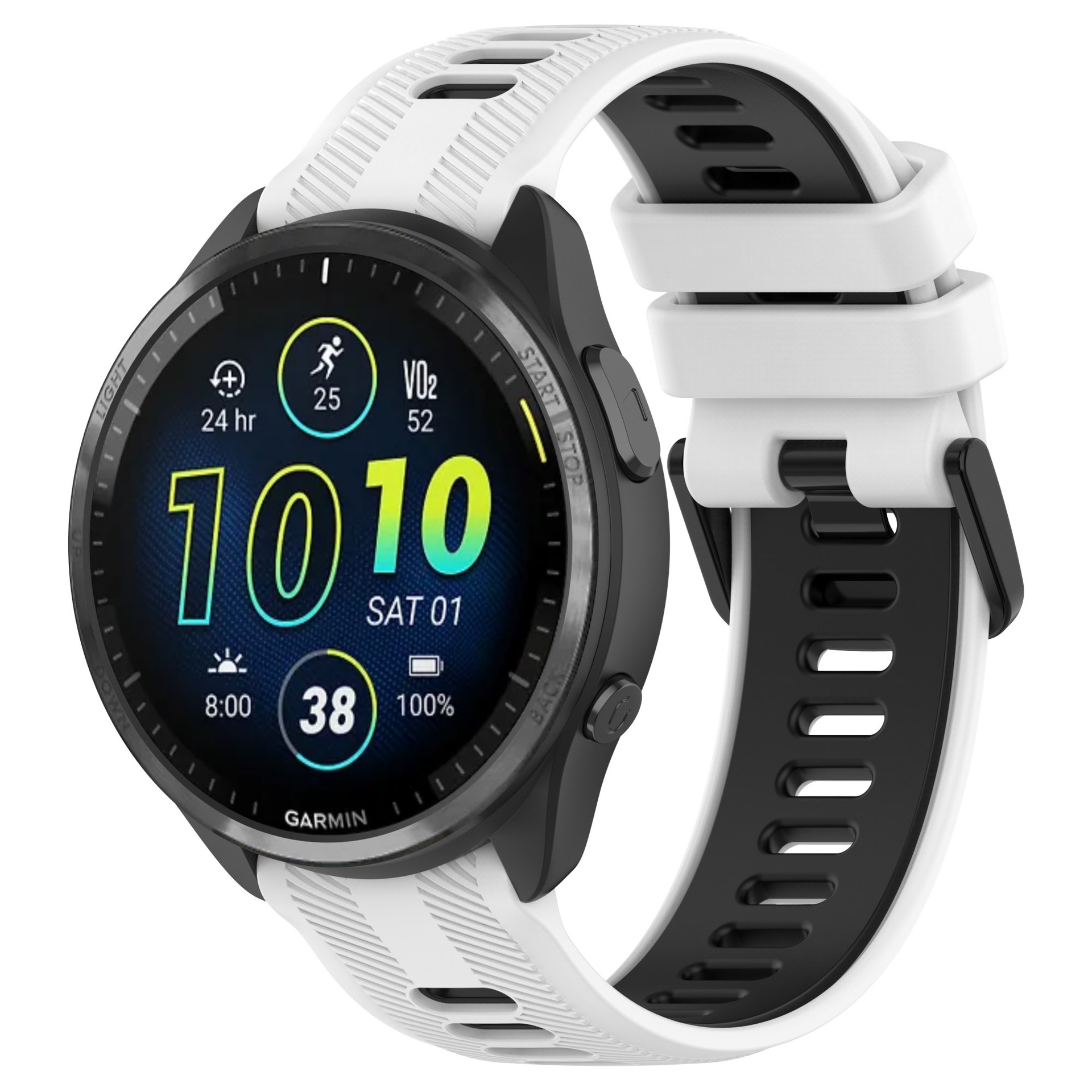 Eine schwarz-weiße Garmin-Uhr mit weißem Armband. Die Uhr zeigt Zeit und andere Statistiken.