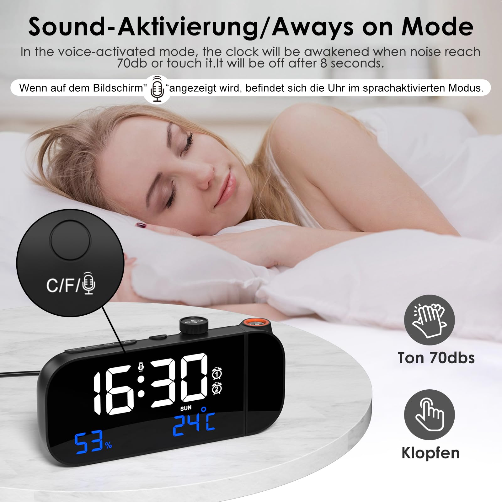Ein Wecker zeigt die Uhrzeit. Eine Frau schläft im Bett.