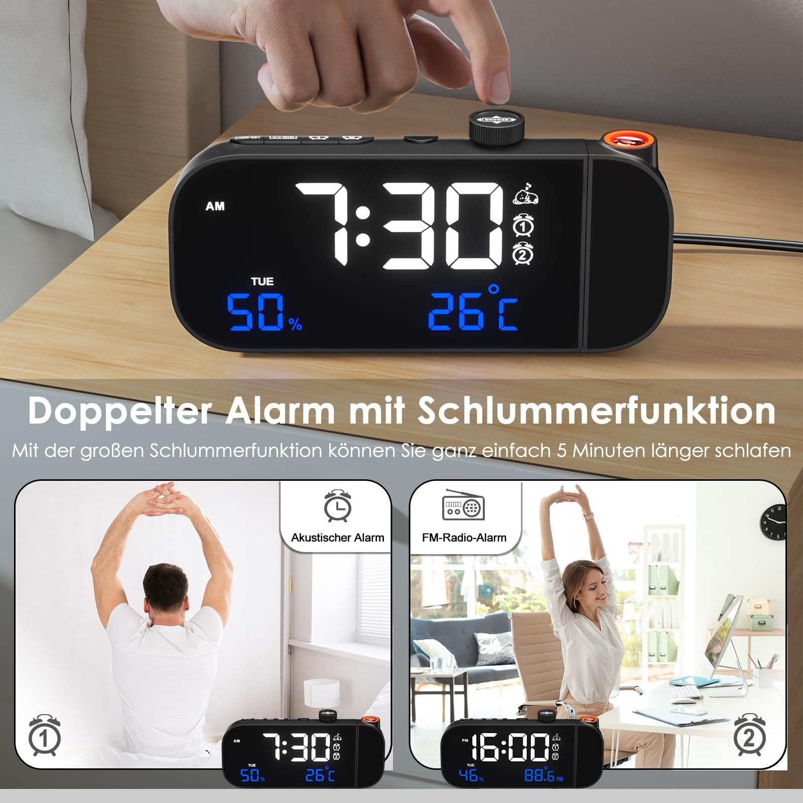 Ein digitaler Wecker zeigt Zeit und Temperatur an. Zwei Illustrationen zeigen Alarmeinstellungen.