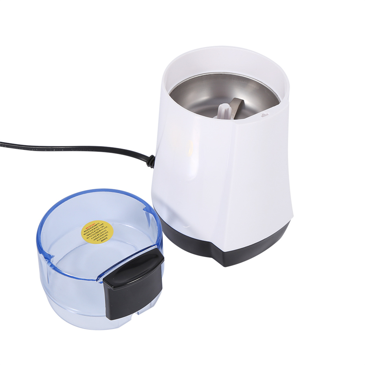 Weißer elektrischer Kaffeemühle mit schwarzem Kabel. Daneben steht ein durchsichtiger blauer Behälter.