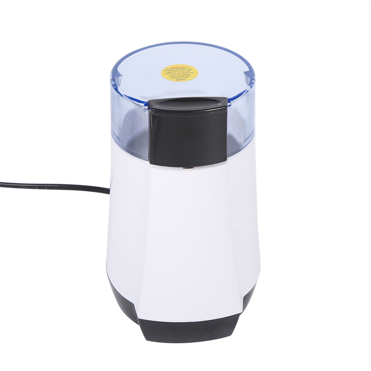 Weiß-schwarze Kaffeemühle mit transparentem Deckel. Ein schwarzes Netzkabel ragt aus dem Boden heraus.
