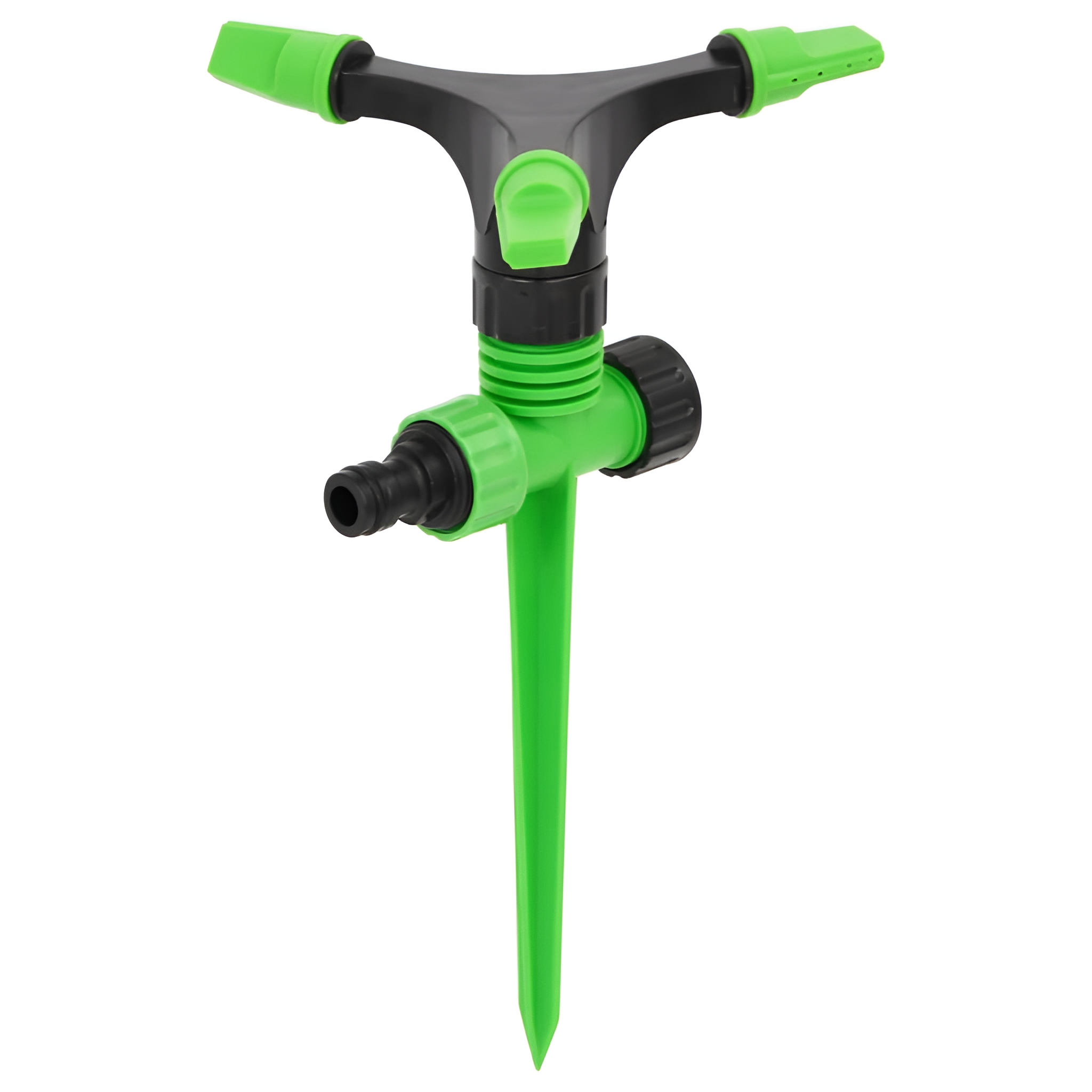 Grüner Rasensprenger mit drei rotierenden Armen. Schwarz-grünes Farbschema. Spitze Basis.