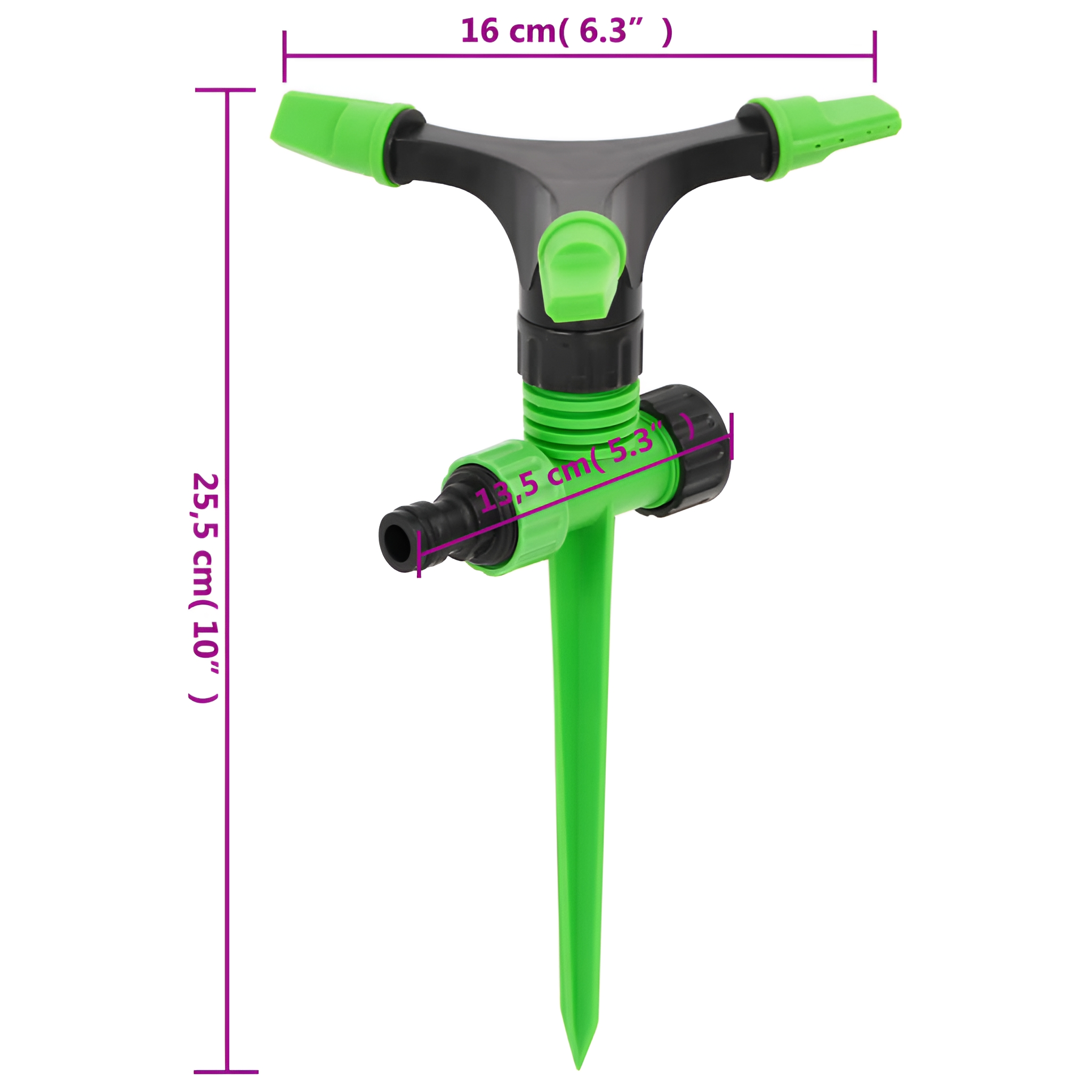 Ein grüner und schwarzer Rasensprenger mit den Maßen 25,5 cm hoch und 16 cm breit.