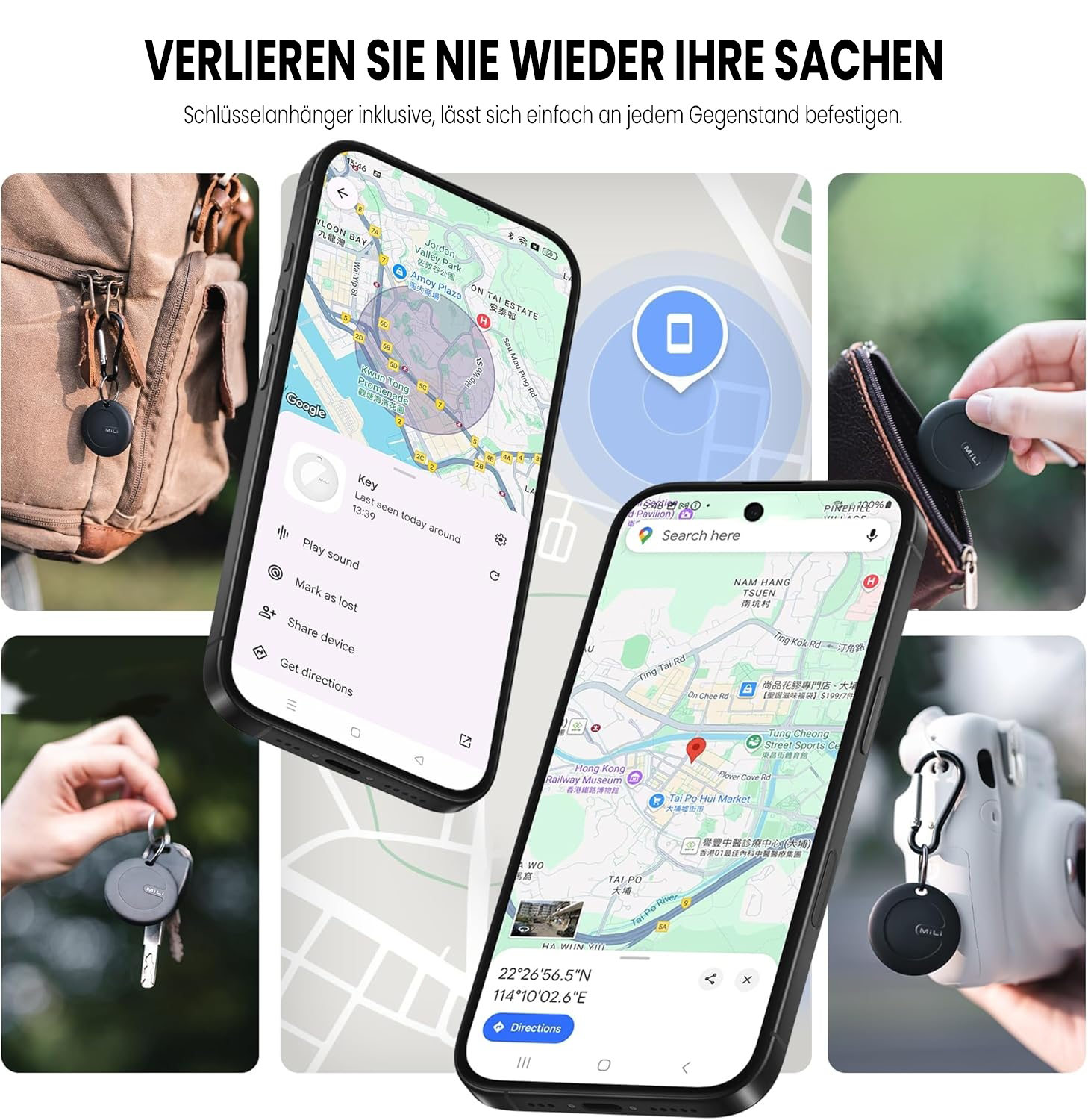 Collage von Bildern, die ein Ortungsgerät zeigen, das mit Telefon und Schlüsseln verwendet wird.