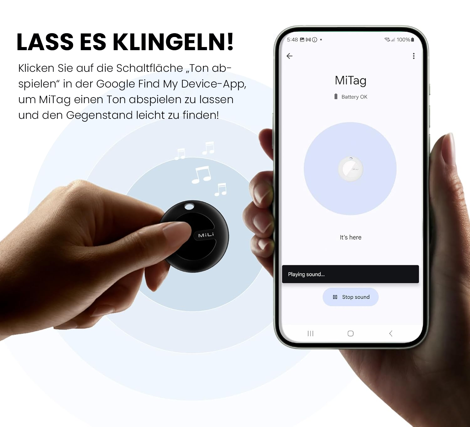 Eine Hand hält einen schwarzen MiTag neben einem Telefonbildschirm. Der Bildschirm zeigt den MiTag-Standort.