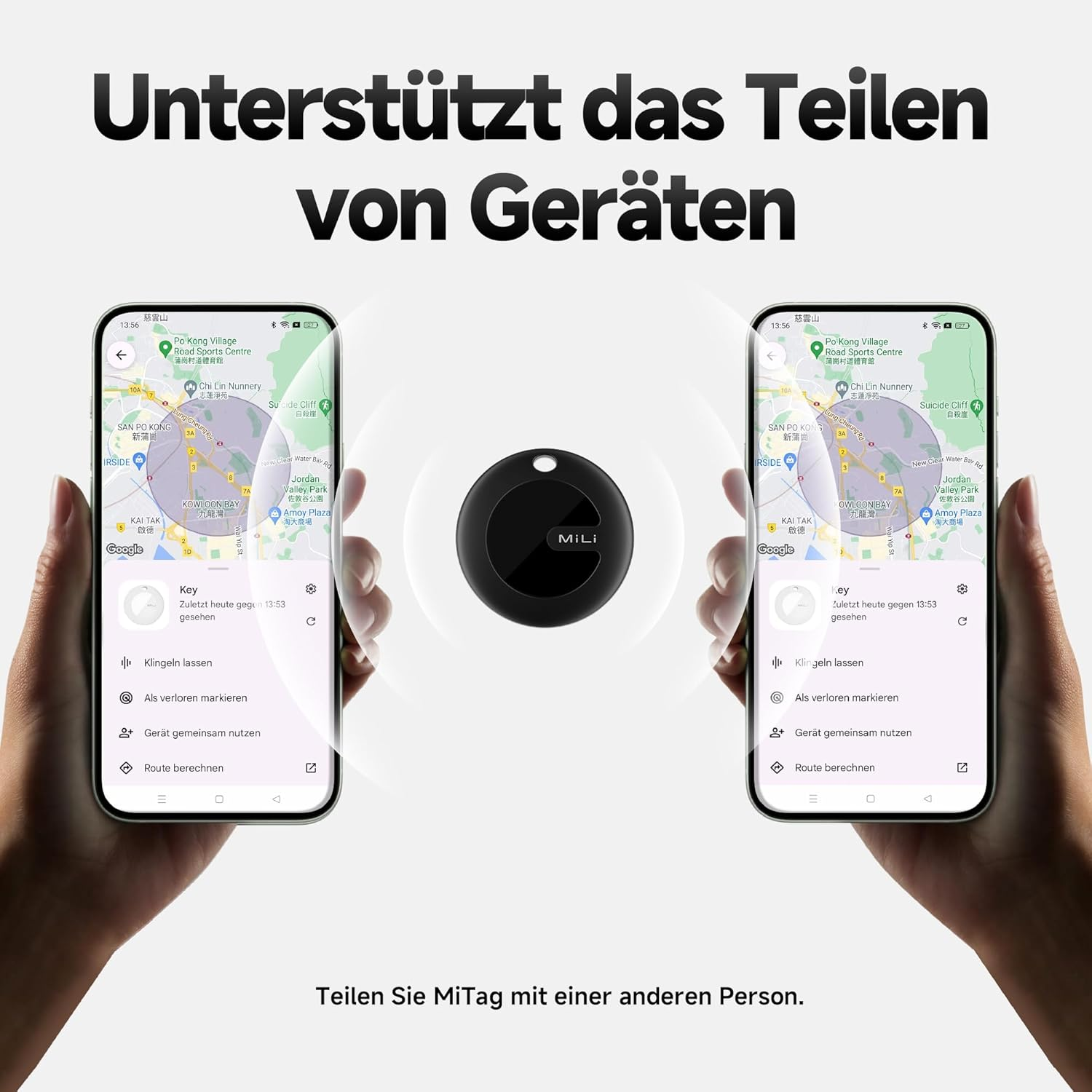 Zwei Smartphones mit einem MiTag in der Mitte. Der Text oben steht auf Deutsch. Der Hintergrund ist weiß.