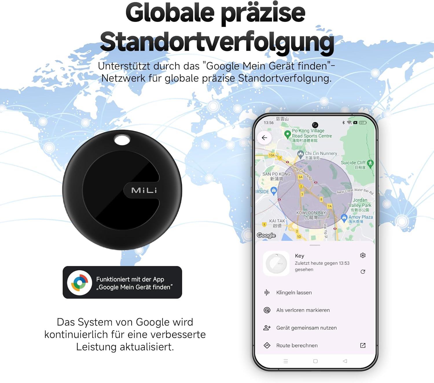 Schwarzer MiLi-Tracker mit Smartphone, das Tracking auf einer Karte zeigt.