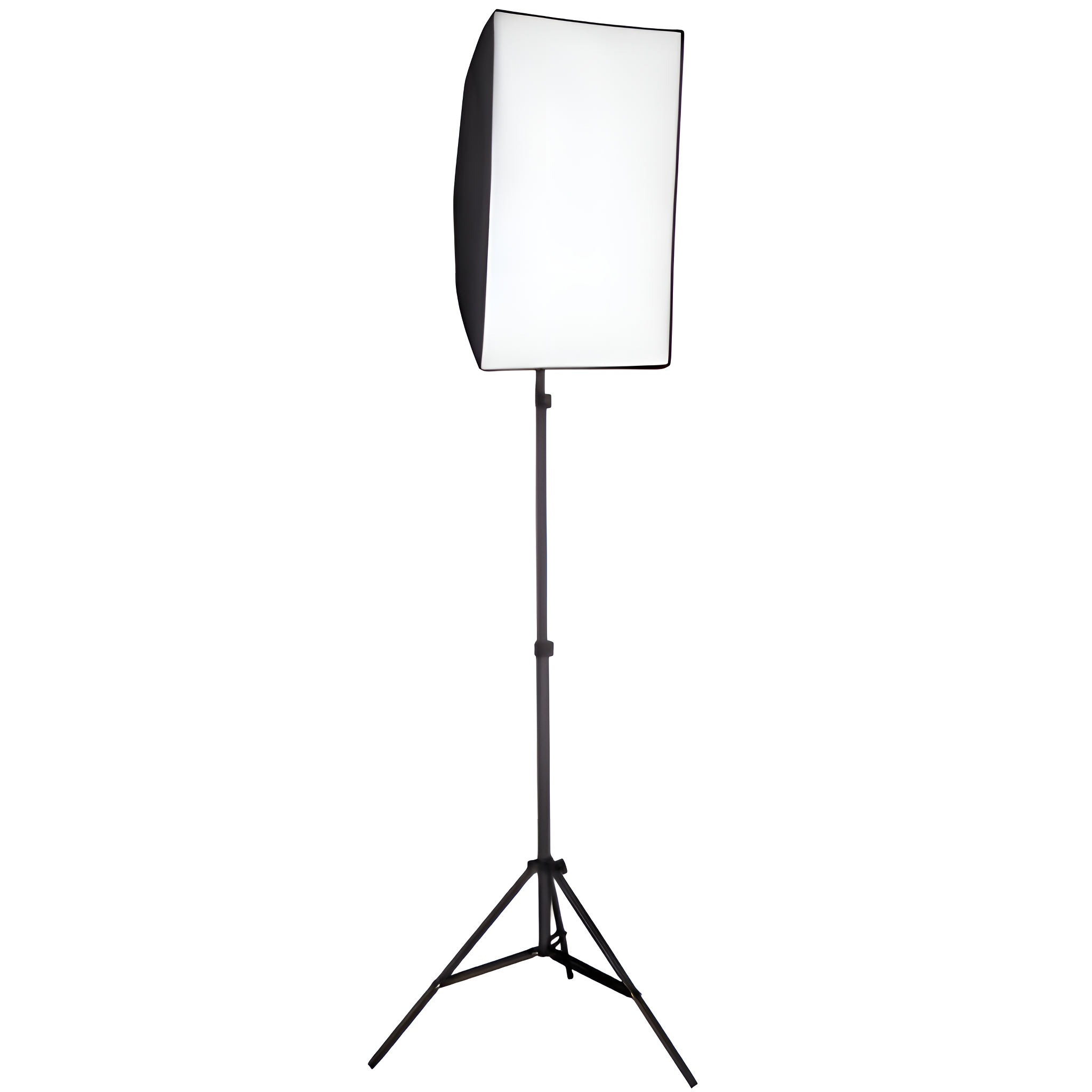 Studio-Beleuchtungsaufbau mit Softbox auf einem Ständer. Weiße Softbox, schwarzer Ständer, weißer Hintergrund.