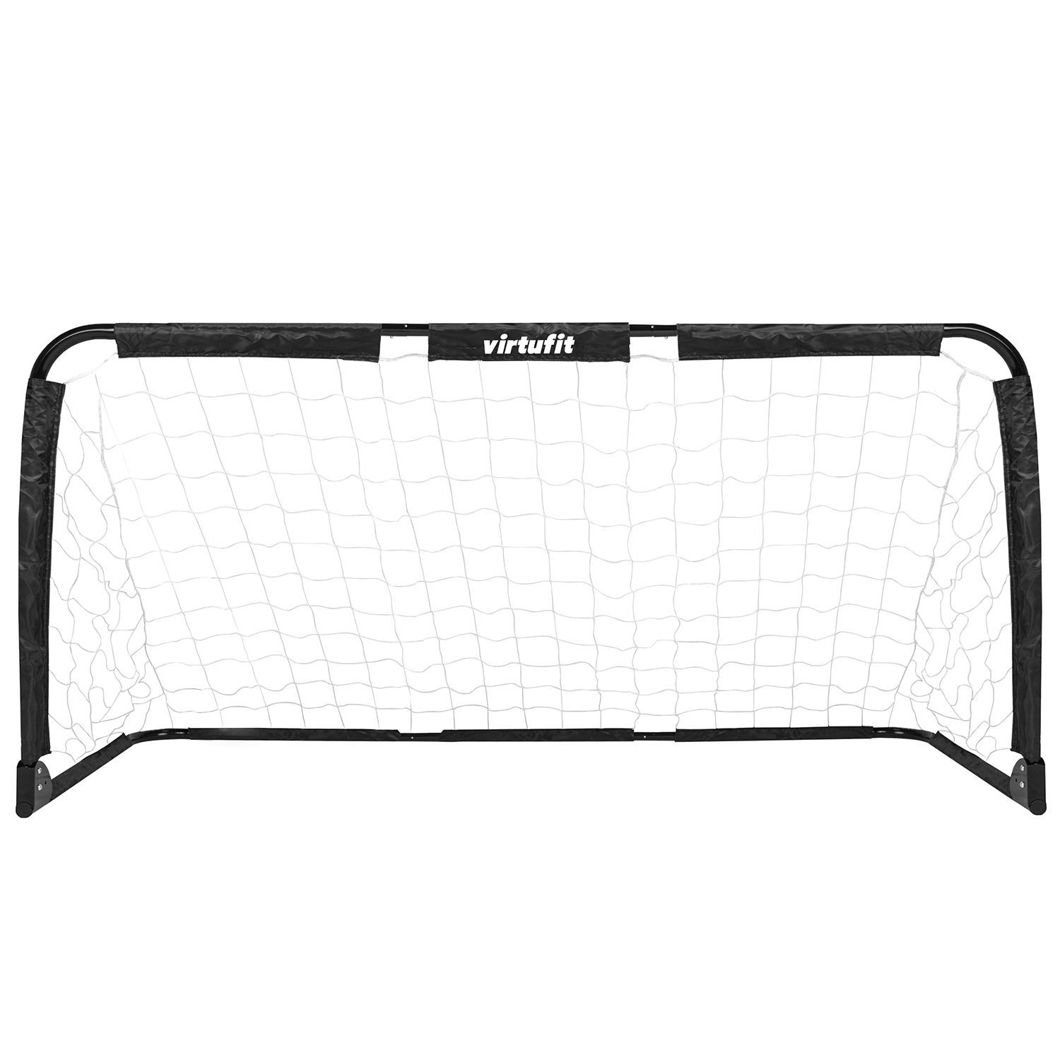 Ein schwarz-weißes Fußballtor mit dem Wort 'virtufit' auf der oberen Stange, von vorne gesehen.