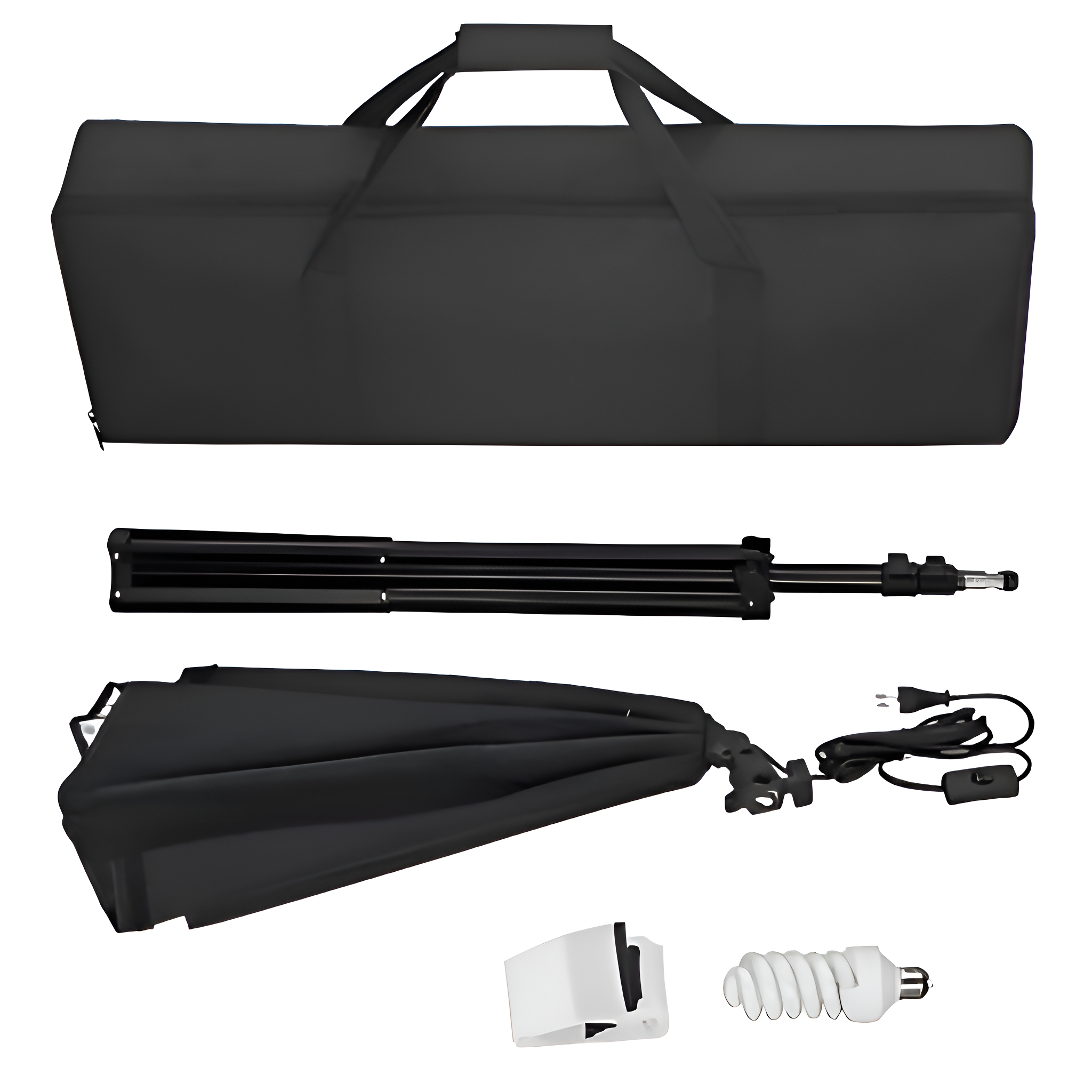 Ein schwarzes Softbox-Kit mit Koffer, Ständer, Schirm, Glühbirne und Netzkabel, alles auf Weiß.
