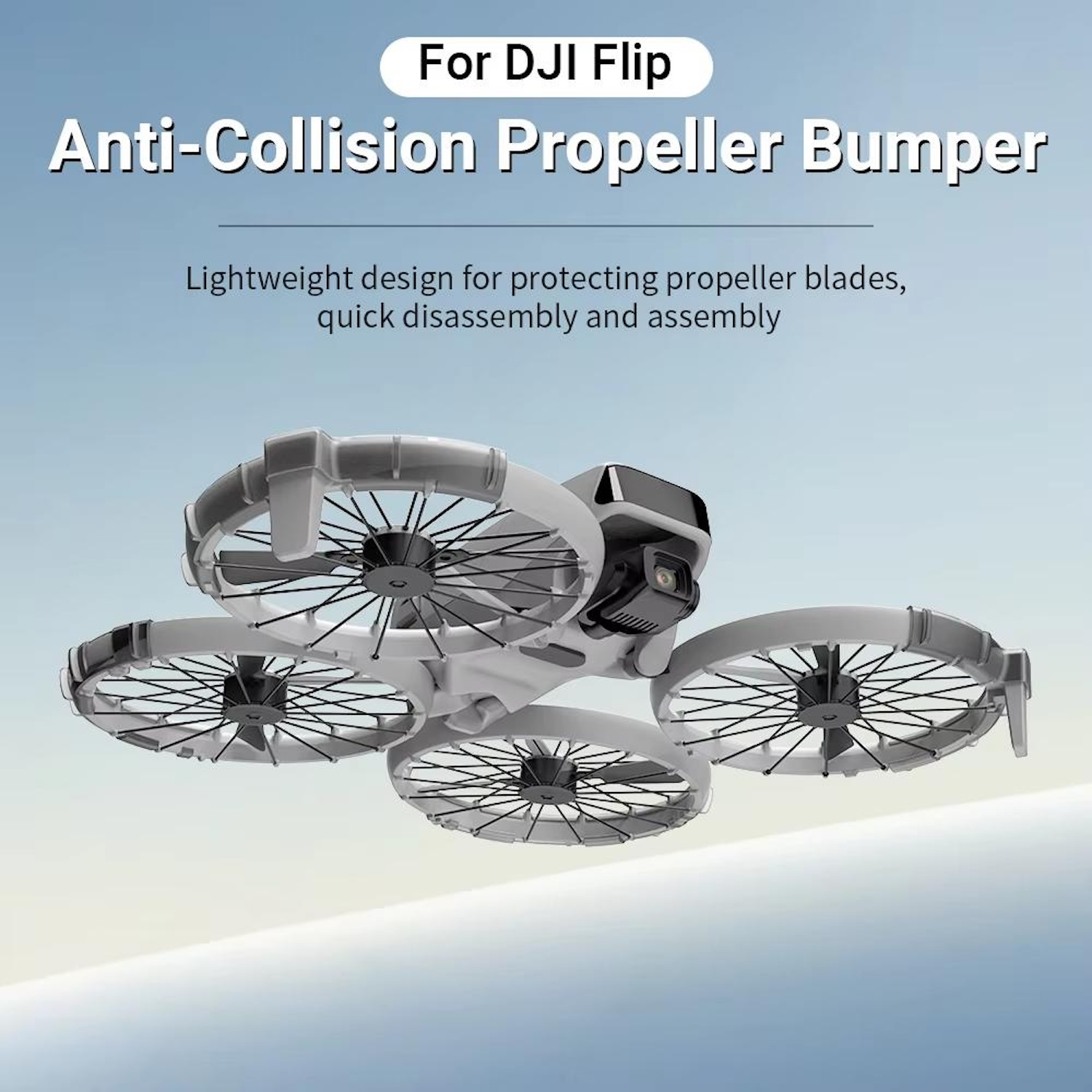 Eine Drohne mit Schutzvorrichtungen. Text: Anti-Collision Propeller Bumper für DJI Flip.