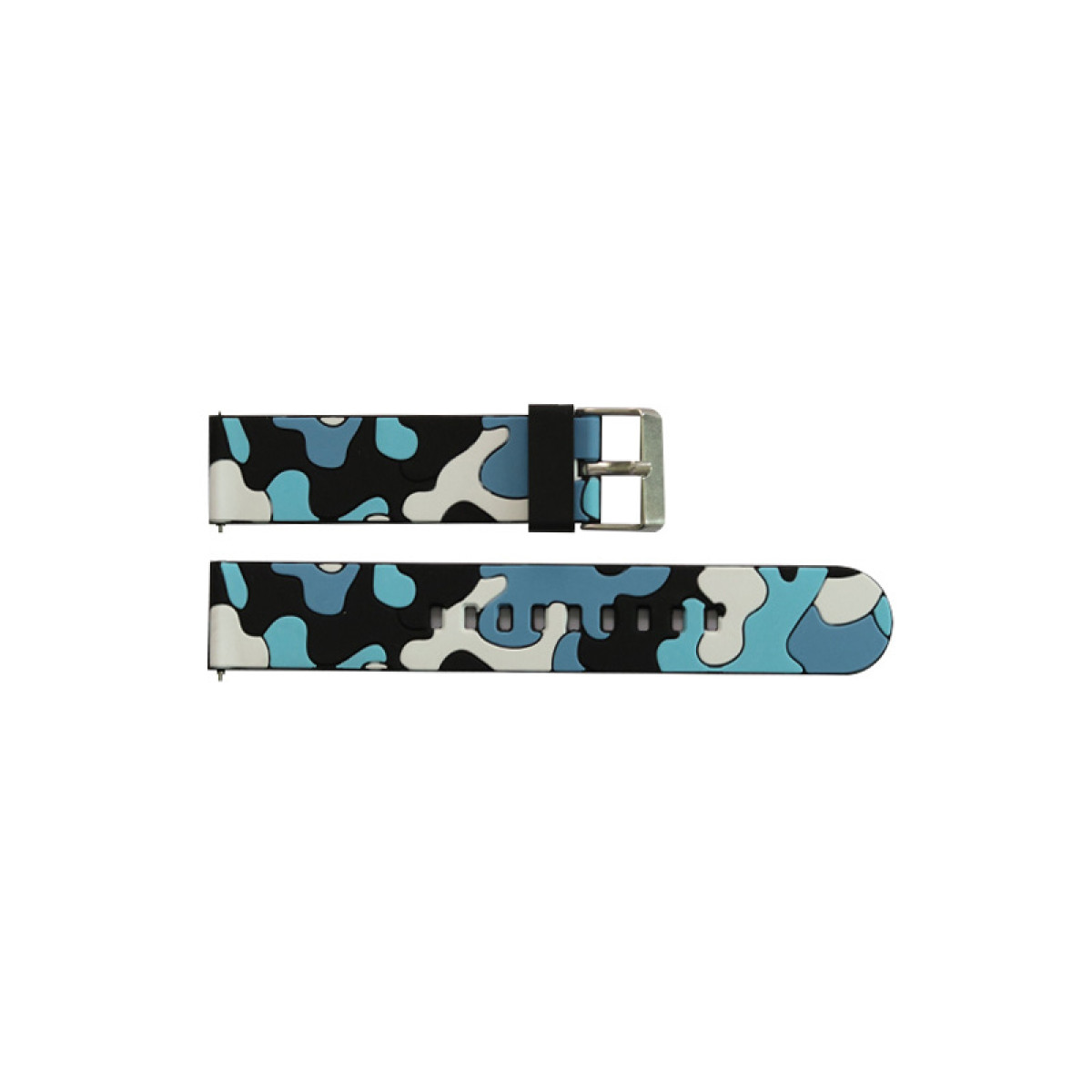 Zwei Uhrenarmbänder. Eines mit blauem, schwarzem und weißem Tarnmuster. Das andere ist schwarz.