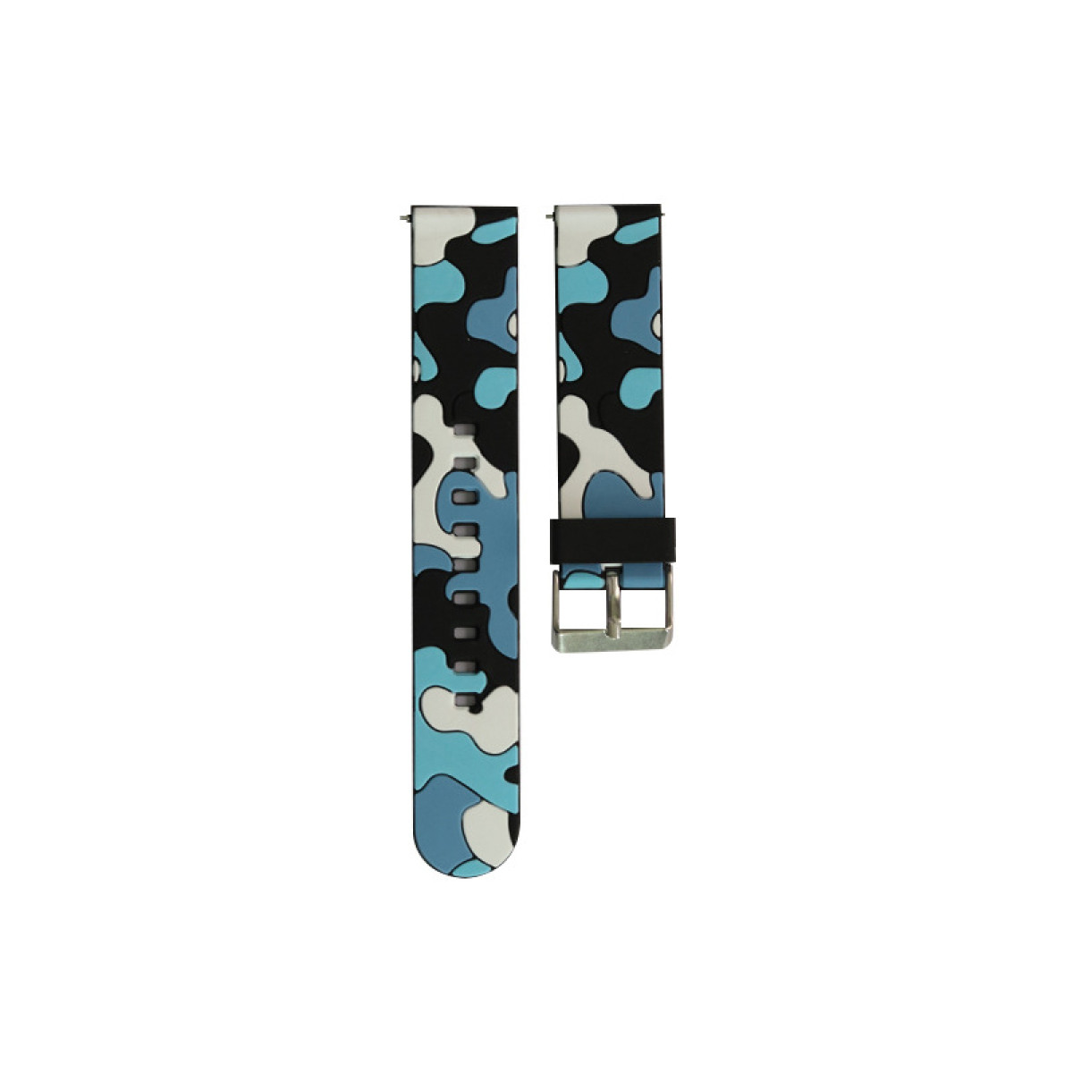 Armband mit Tarnmuster in Blau, Schwarz und Weiß. Schnalle ist silbern.