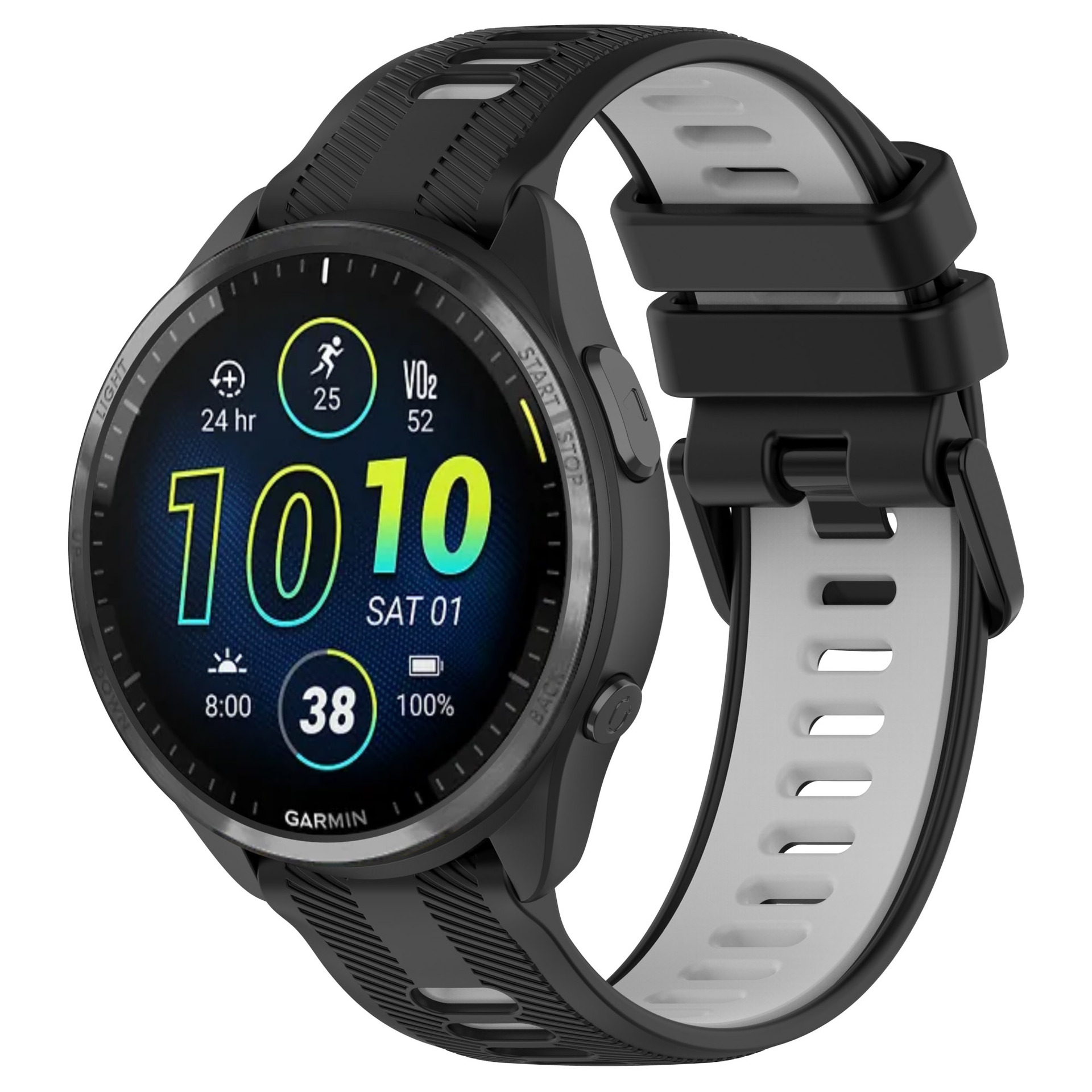 Smartwatch nero e grigio con display digitale che mostra ora, data e statistiche su un cinturino bianco.