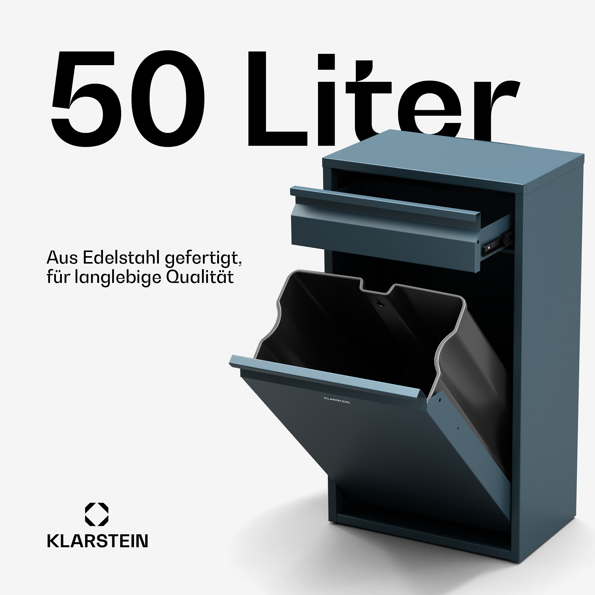 Eine blaue Mülltonne mit schubladenartiger Öffnung. Der Text besagt, dass sie aus Edelstahl besteht.