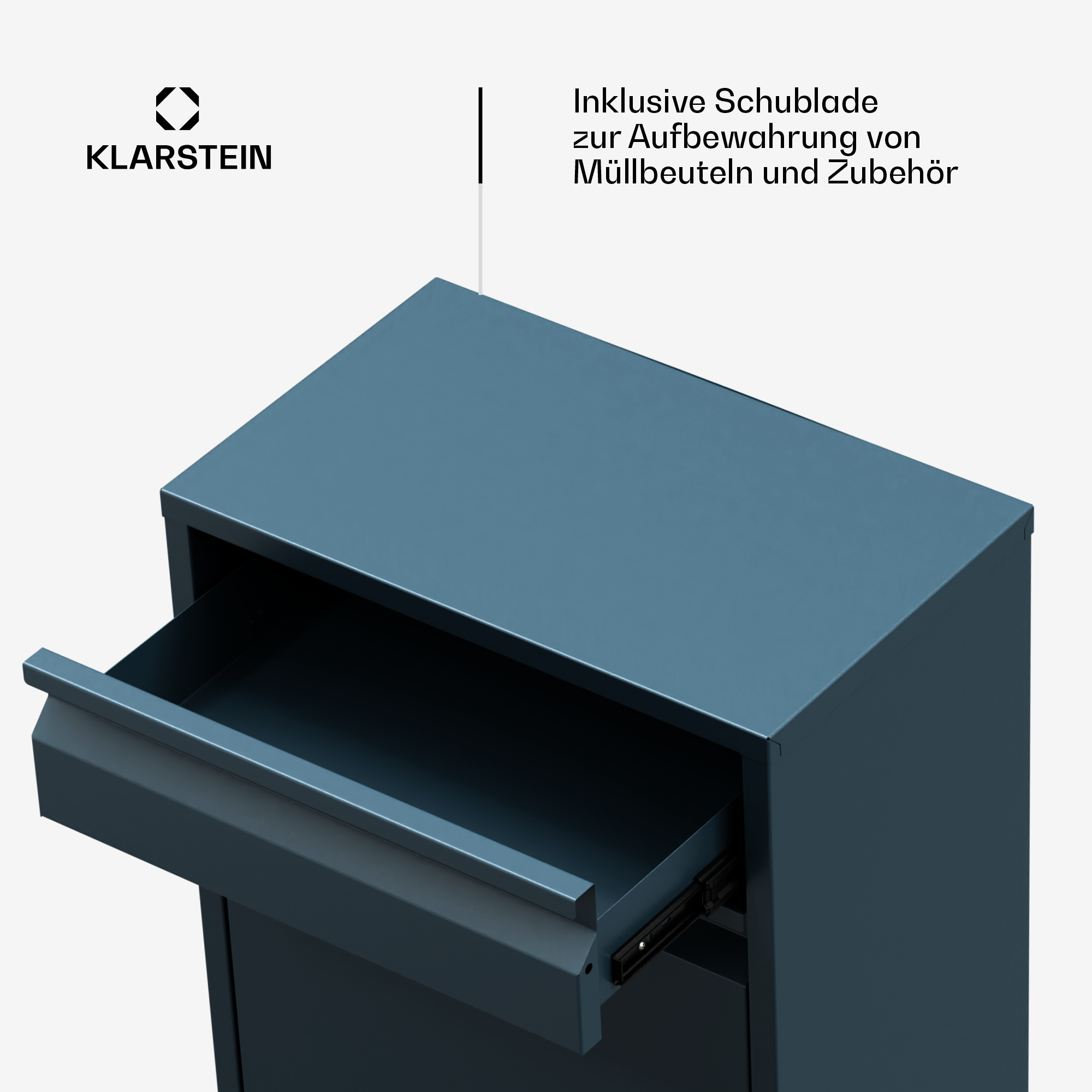 Blauer Metallschrank mit einer offenen Schublade. Der Text besagt, dass er eine Schublade zur Aufbewahrung von Müllsäcken und Zubehör enthält.
