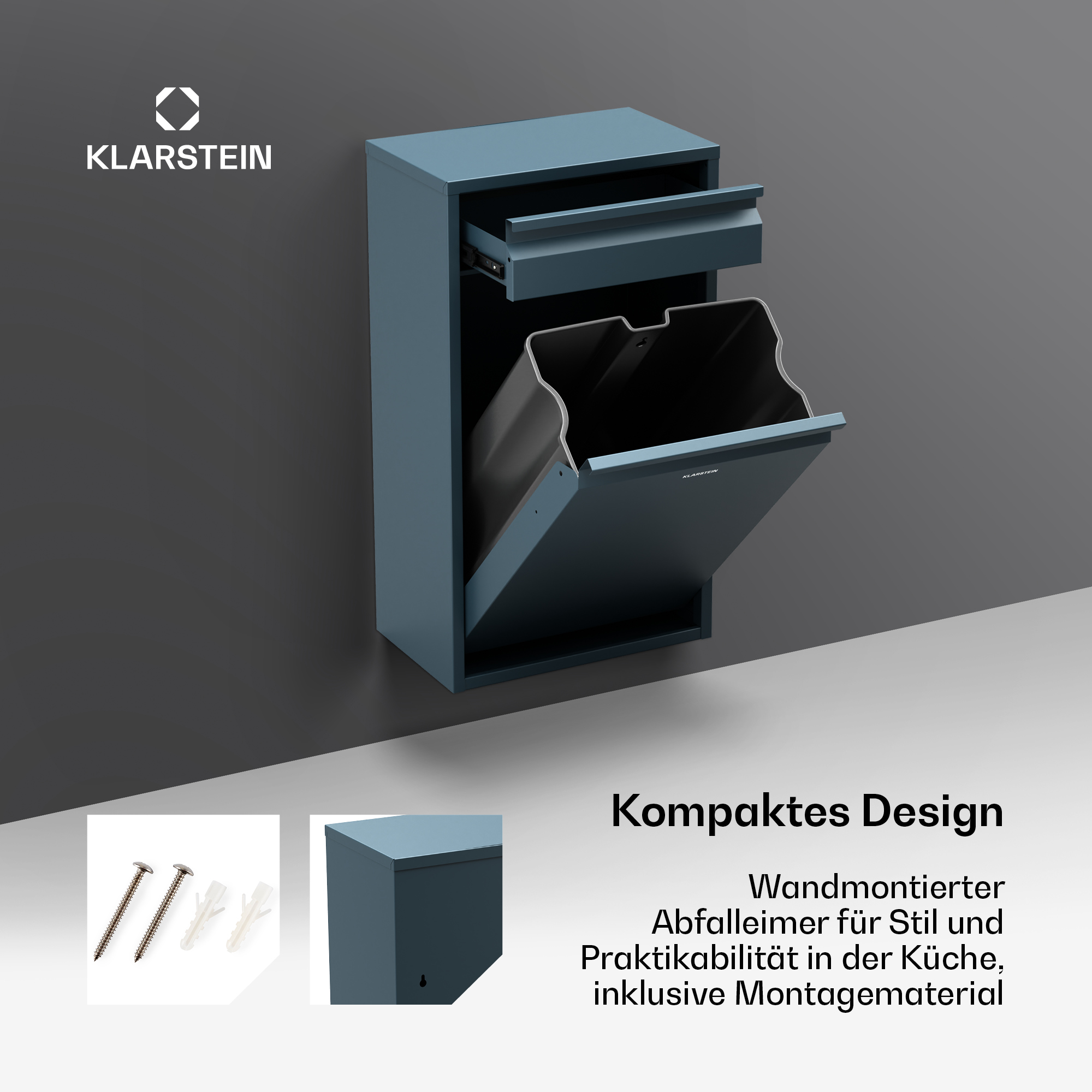 Blauer, wandmontierter Mülleimer mit zwei Fächern, Hardware und einem kleinen Mülleimer.