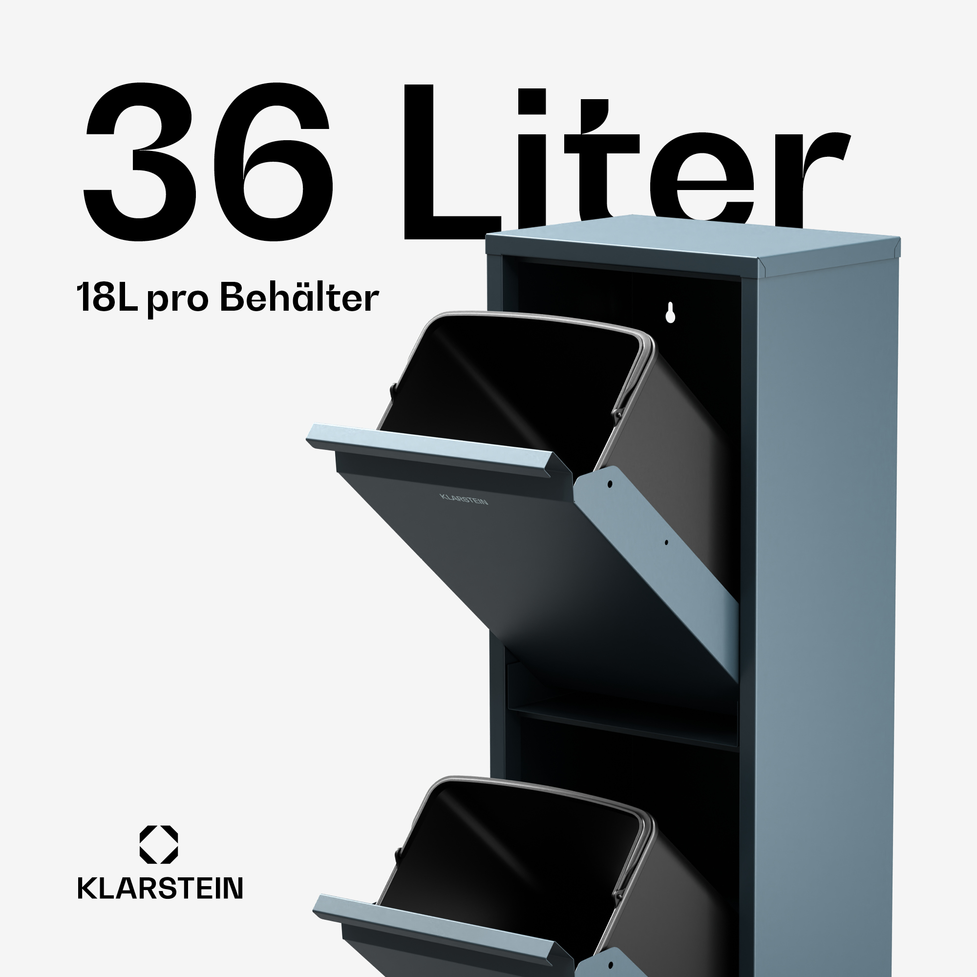 Un bidone della spazzatura blu con due scomparti, ciascuno con un contenitore nero, con testo che indica 36 litri.