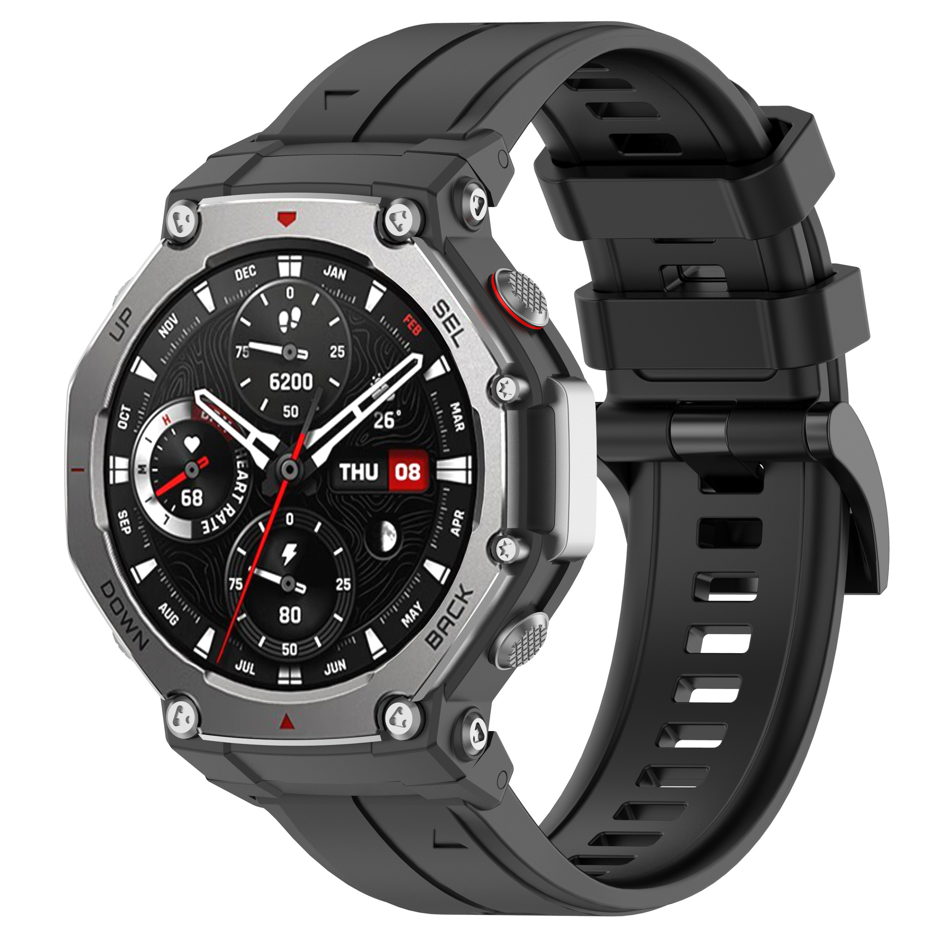 Czarny smartwatch z cyfrowym wyświetlaczem pokazującym czas, tętno i inne dane.