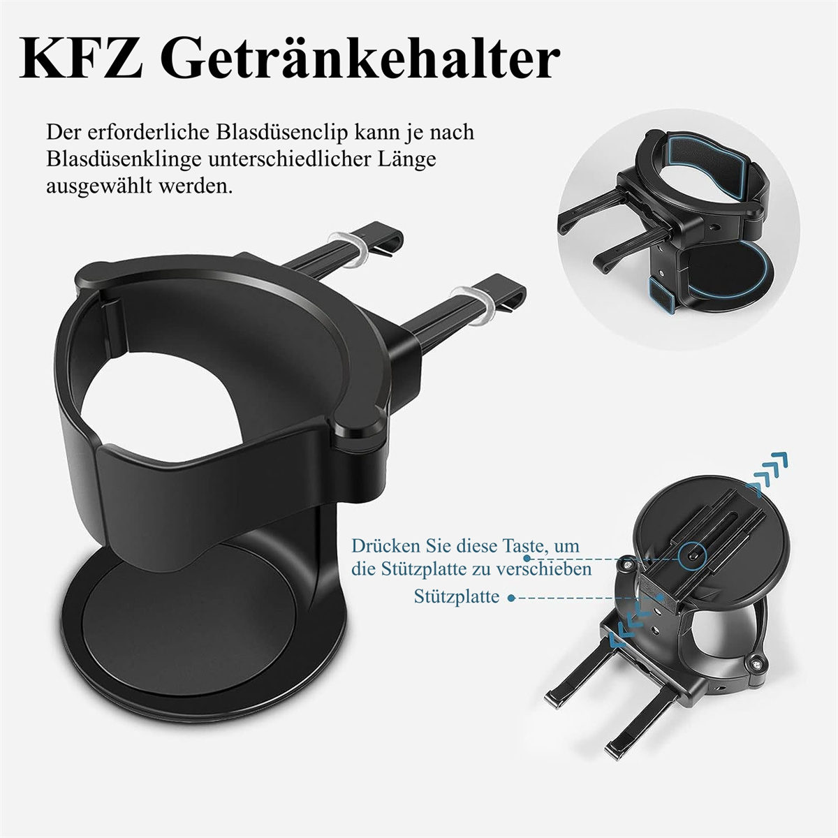 Schwarzer Getränkehalter für Autos mit drei Ansichten. Das Design umfasst einen Getränkehalter, Clips und eine Basis.
