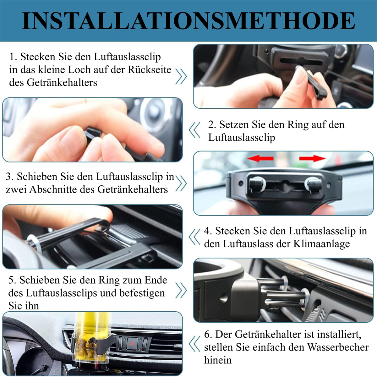 Anweisungen zur Installation eines Becherhalters für die Auto-Luftauslass. Fotos zeigen Schritt für Schritt.