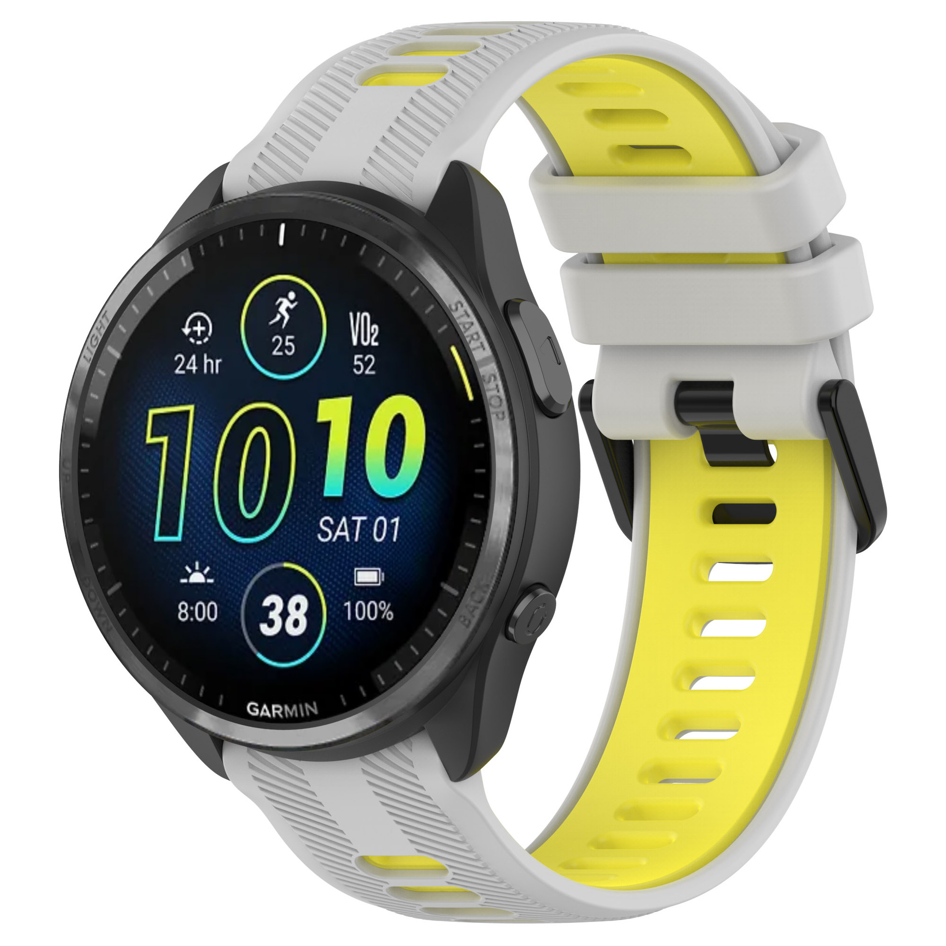 Eine Smartwatch mit weißem Armband und gelben Akzenten.